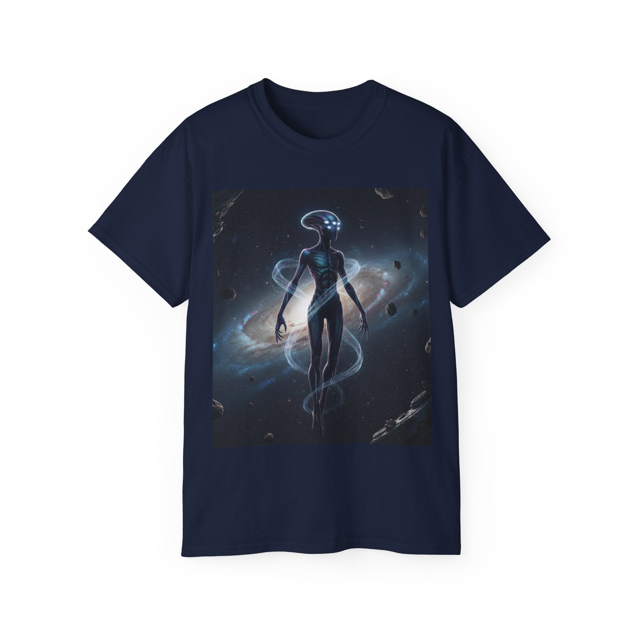 Cosmic Alien Silhouette T-Shirt — Galactic Nebula Space Art Tee