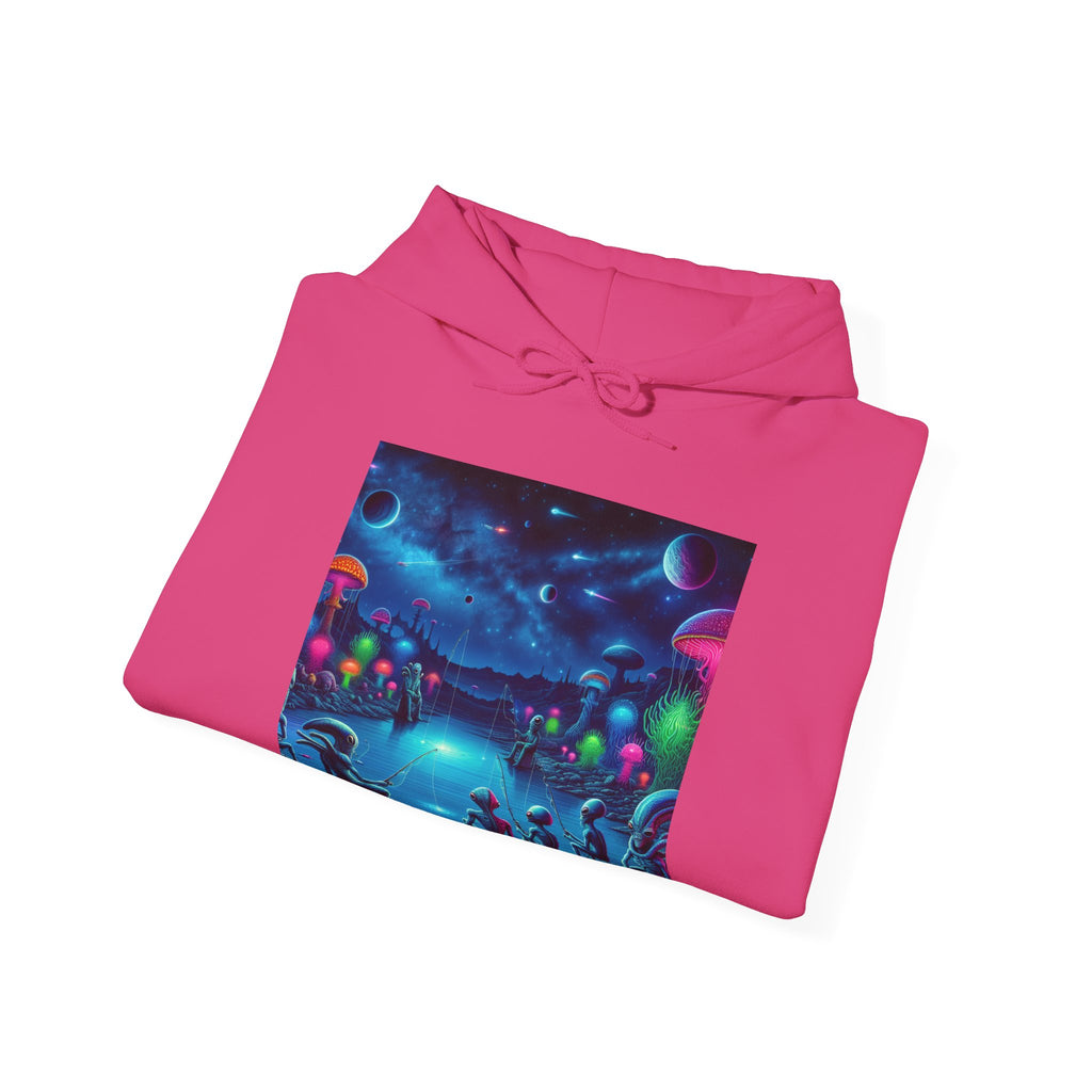 Alien Night Fishing Hoodie — UFO Nighttime Angler Graphic Sweatshirt