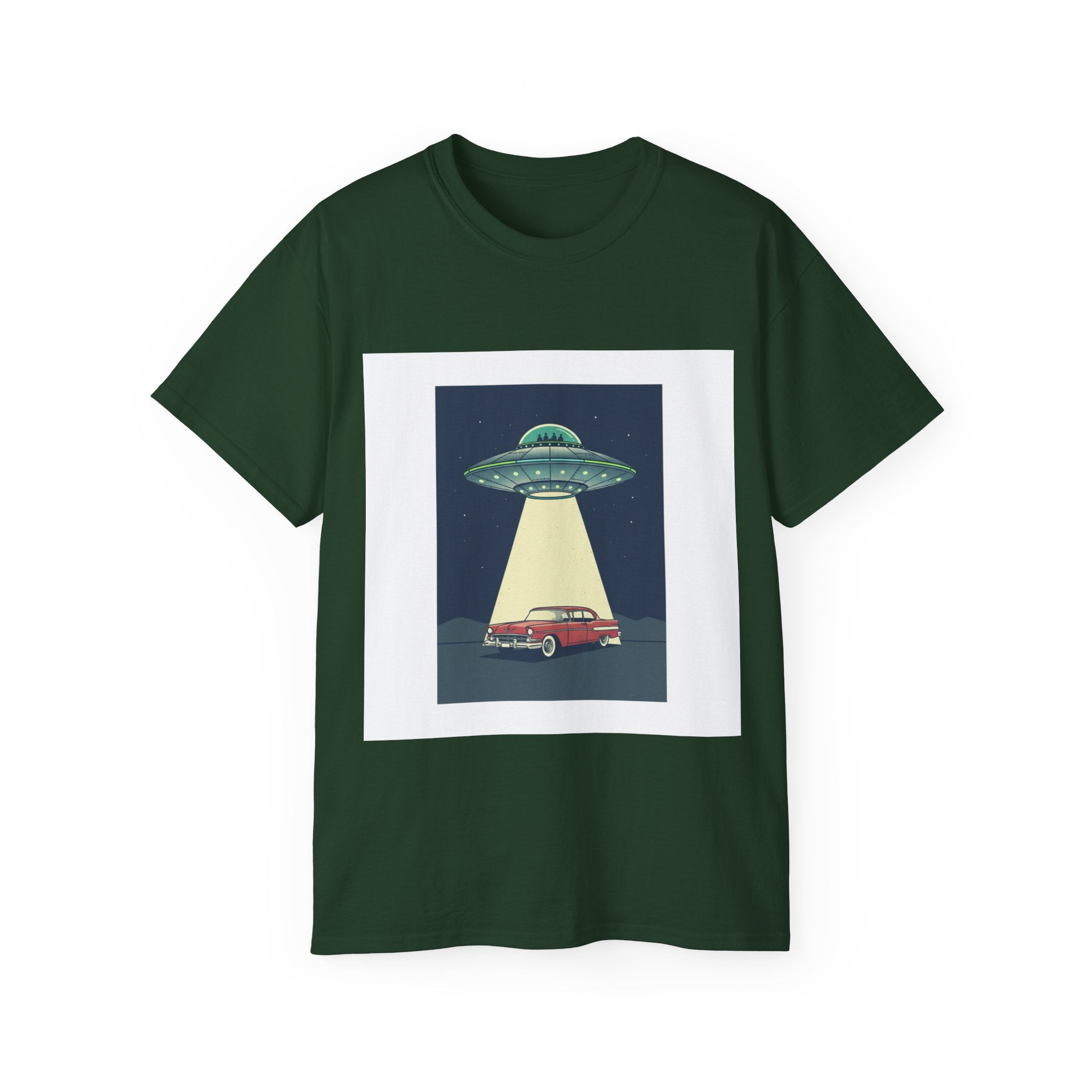 UFO Abduction Graphic Tee — Vintage Car Alien Shirt Adult Unisex