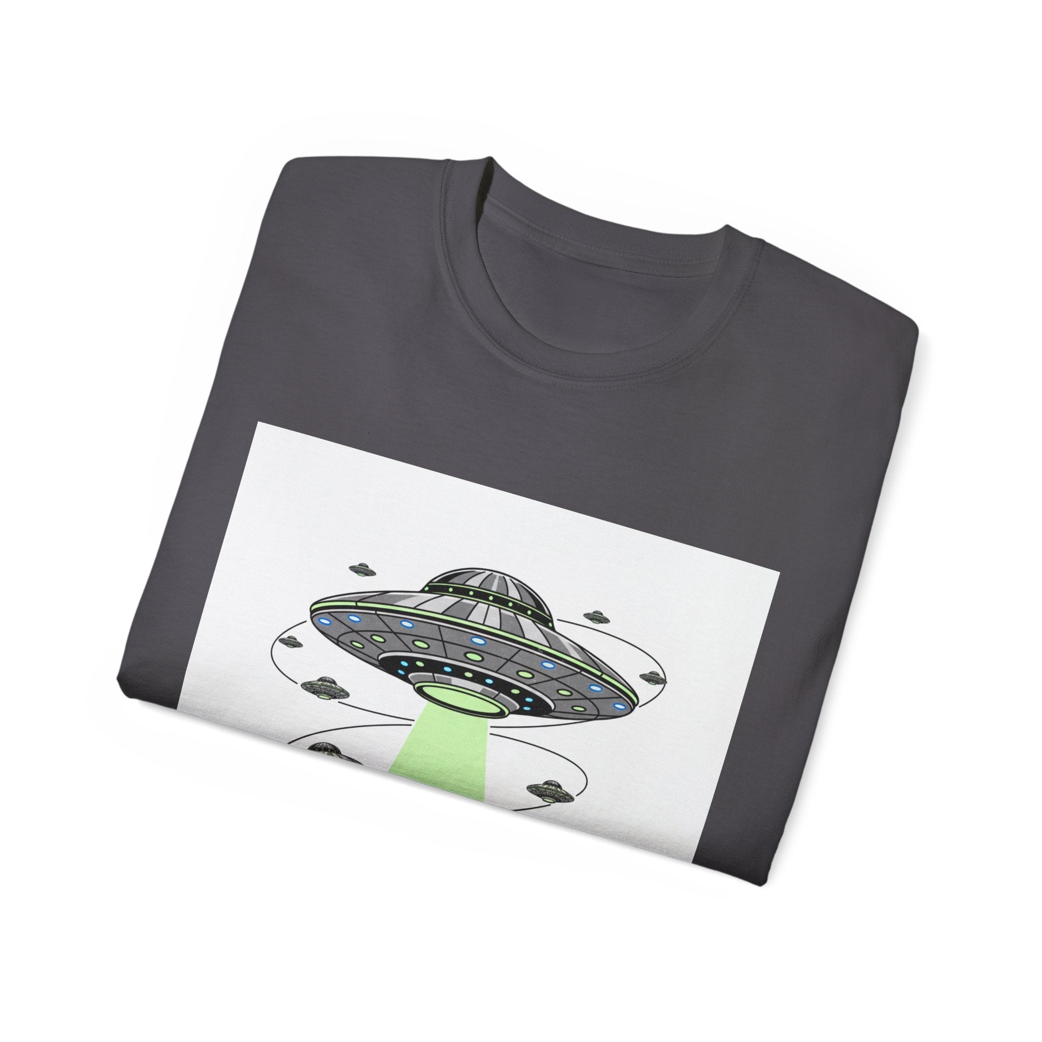 Alien Invasion Cityscape Tee — UFO Abduction Graphic T-Shirt Adult Unisex