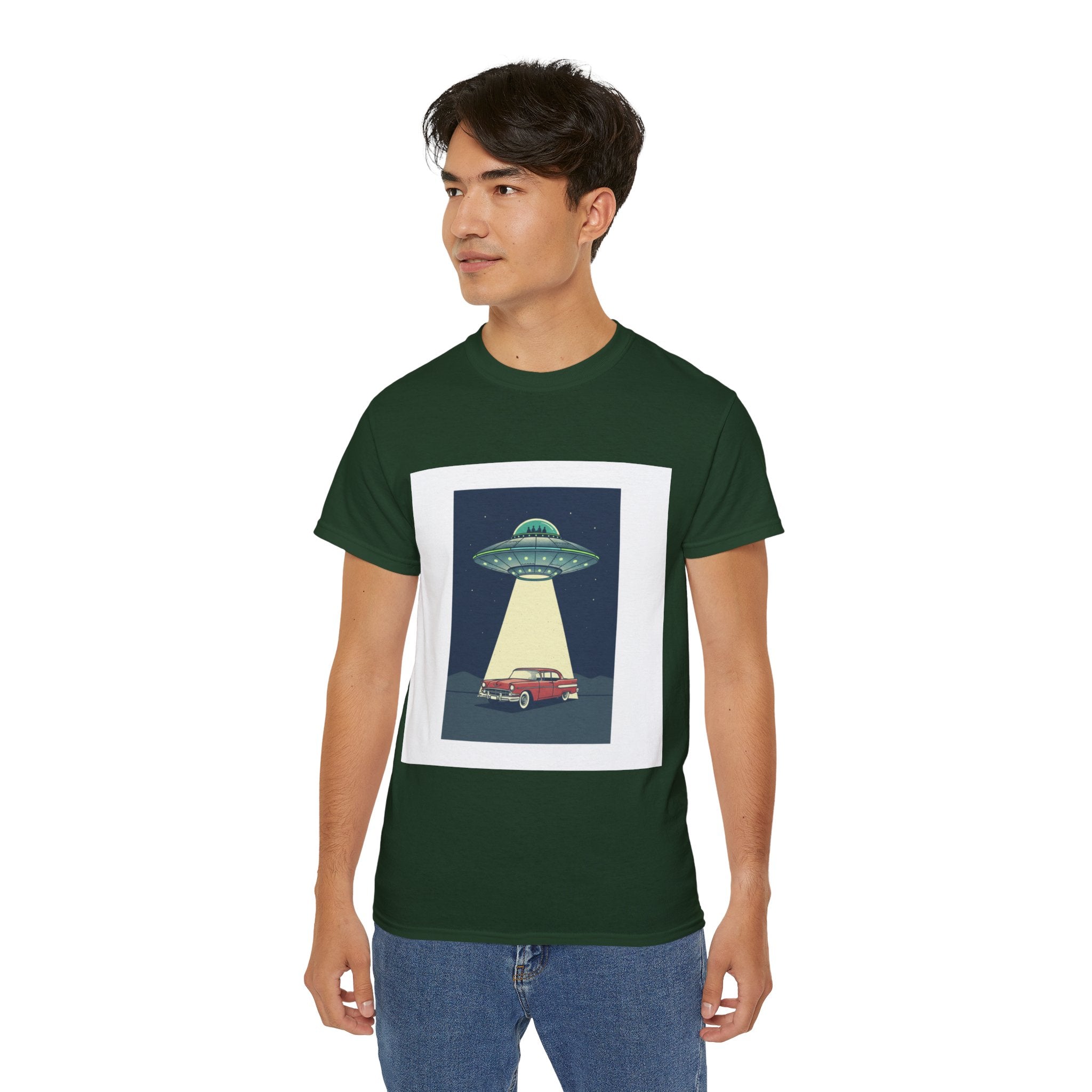 UFO Abduction Graphic Tee — Vintage Car Alien Shirt Adult Unisex