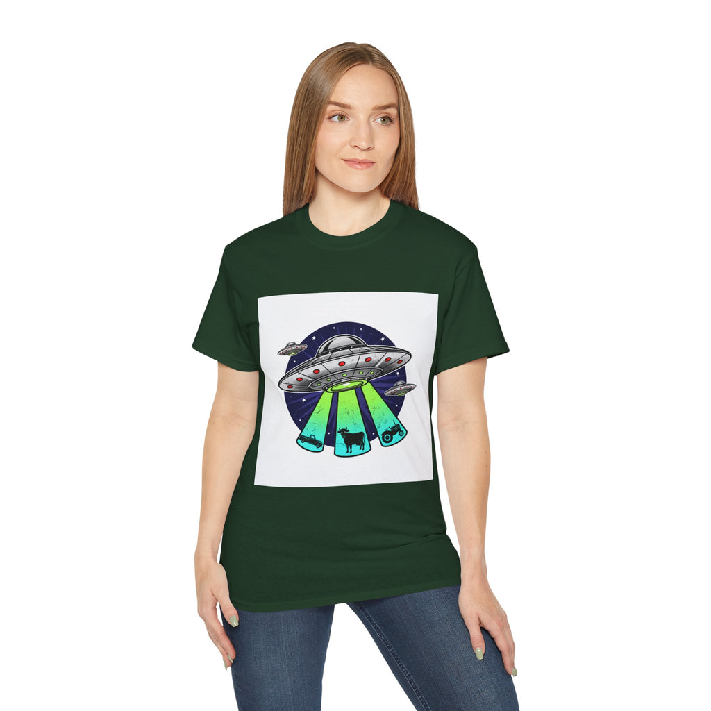UFO Cow Abduction T-Shirt — Retro Alien Spaceship Tee Adult Unisex