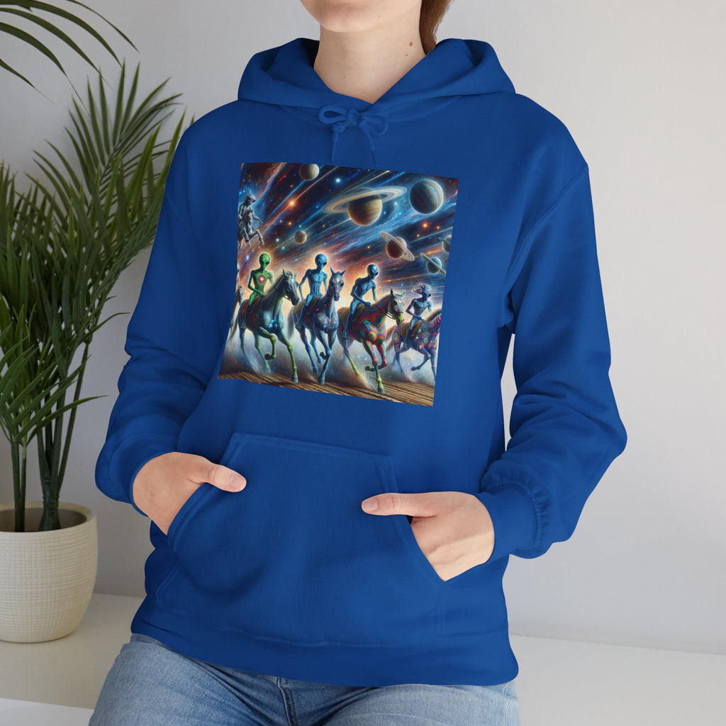 Space Aliens Riding Horses Hoodie — Cosmic Cowboy Graphic Sweatshirt