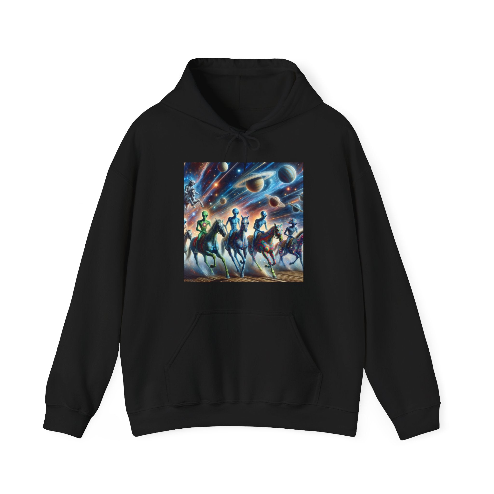 Space Aliens Riding Horses Hoodie — Cosmic Cowboy Graphic Sweatshirt