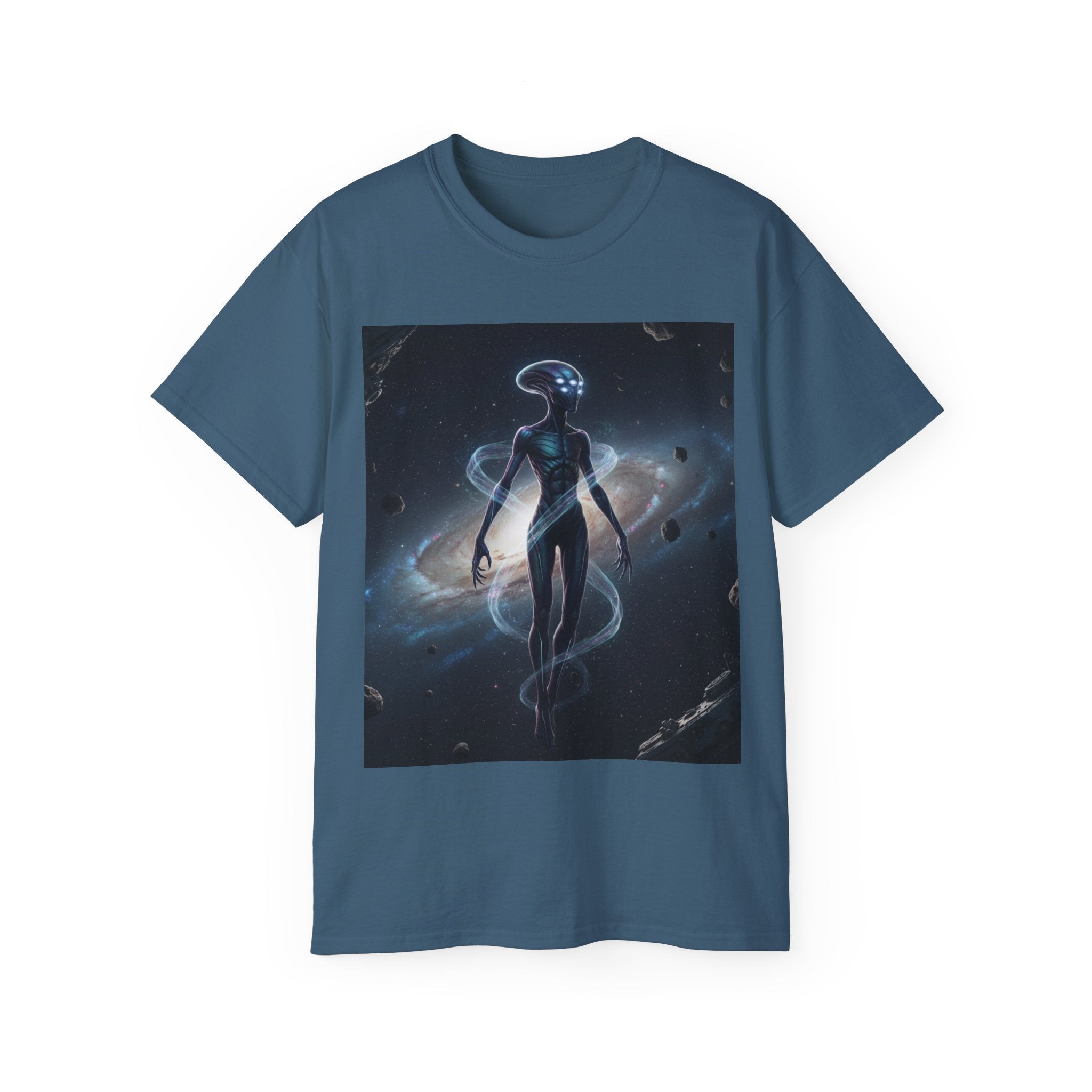 Cosmic Alien Silhouette T-Shirt — Galactic Nebula Space Art Tee