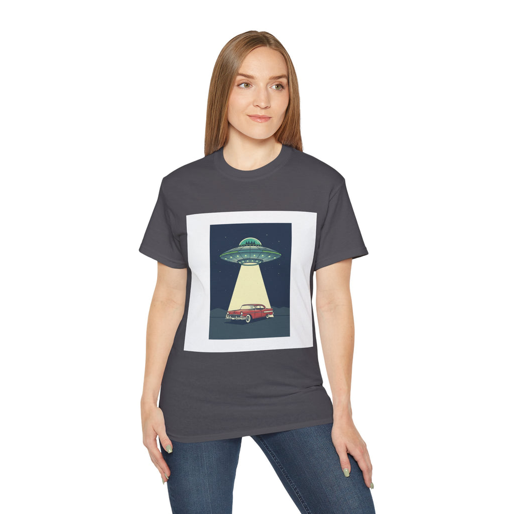 UFO Abduction Graphic Tee — Vintage Car Alien Shirt Adult Unisex
