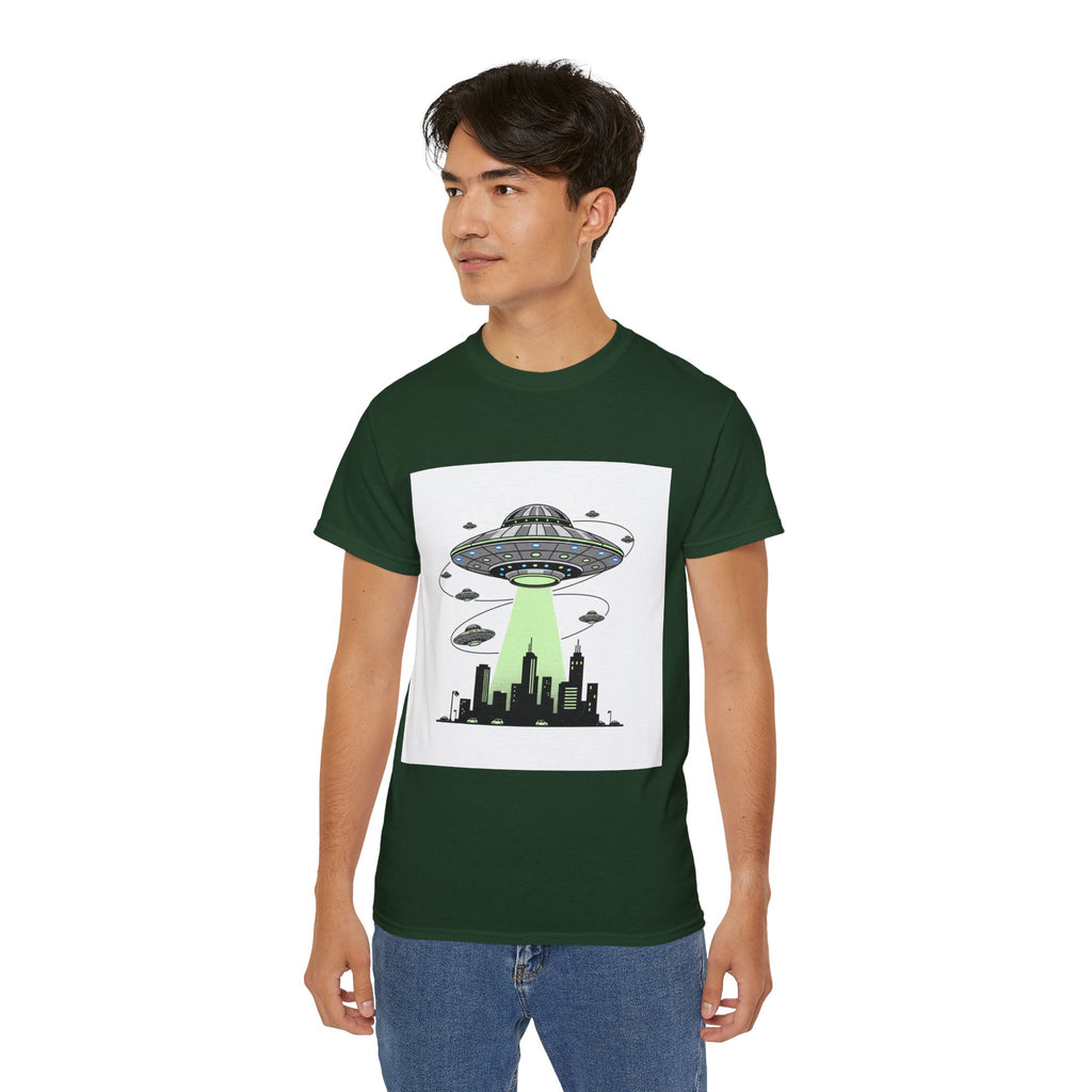 Alien Invasion Cityscape Tee — UFO Abduction Graphic T-Shirt Adult Unisex