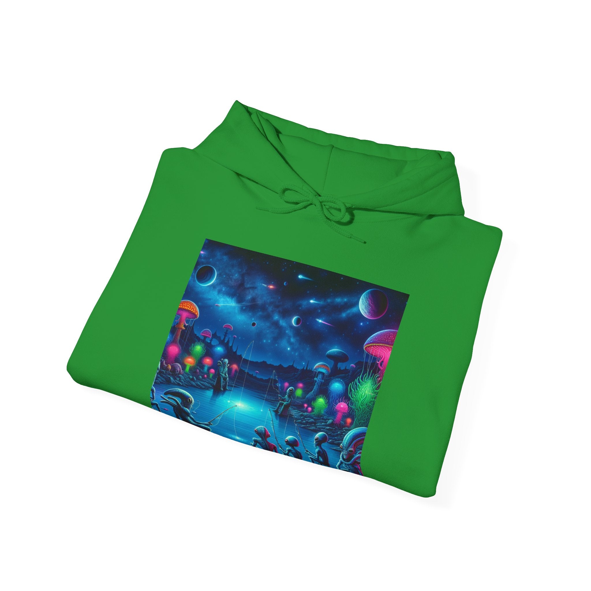 Alien Night Fishing Hoodie — UFO Nighttime Angler Graphic Sweatshirt