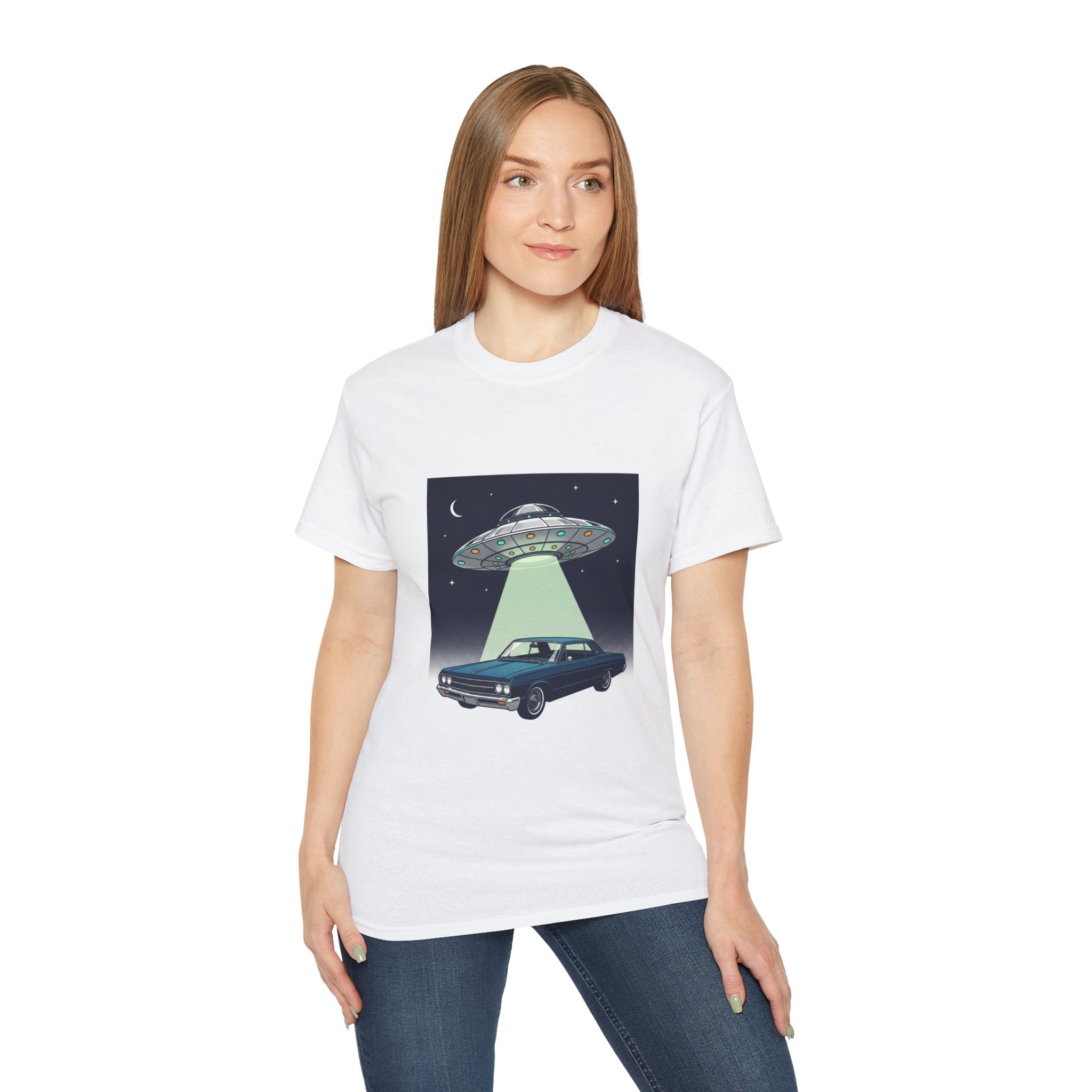 Alien Abduction Car T-Shirt — UFO Night Graphic Tee Adult Unisex
