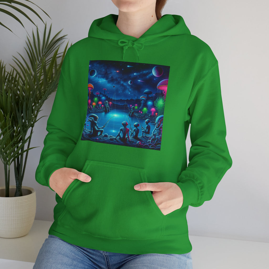 Alien Night Fishing Hoodie — UFO Nighttime Angler Graphic Sweatshirt