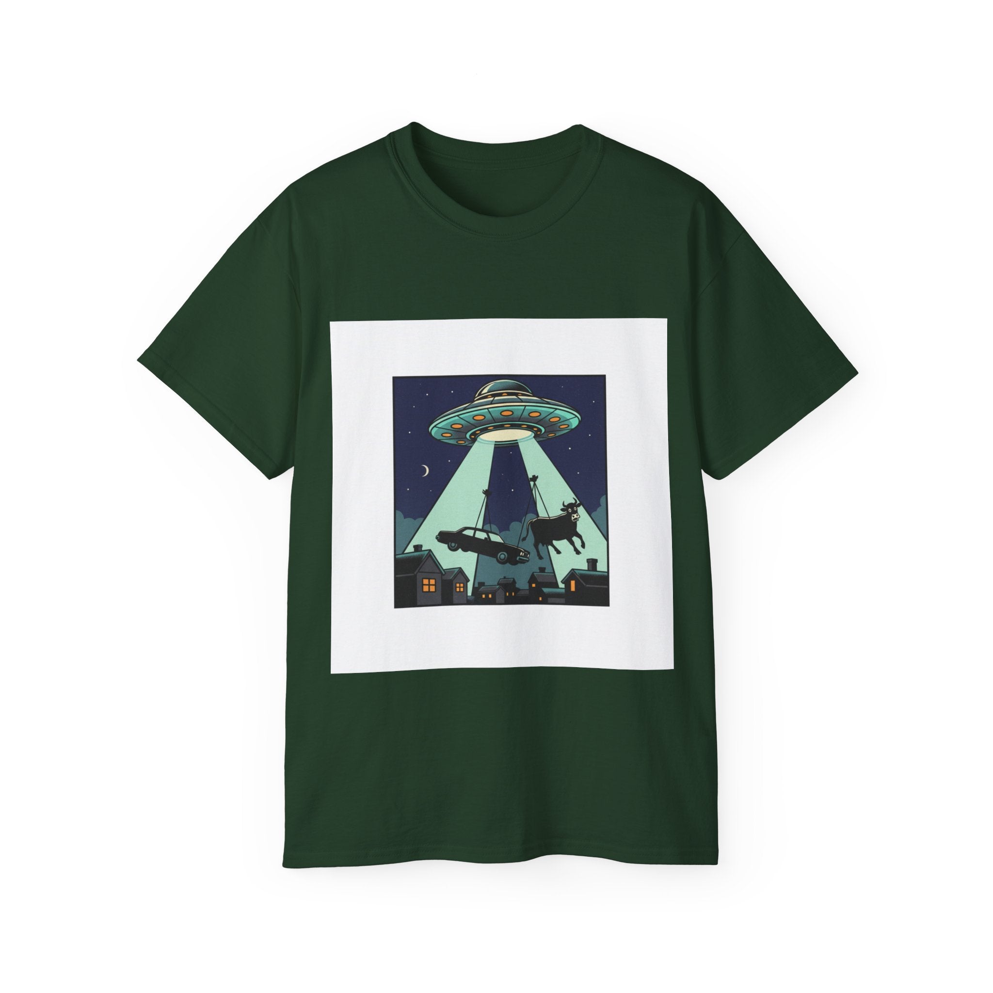 Alien Abduction Graphic Tee — Retro UFO Night Scene T‑Shirt Adult Unisex
