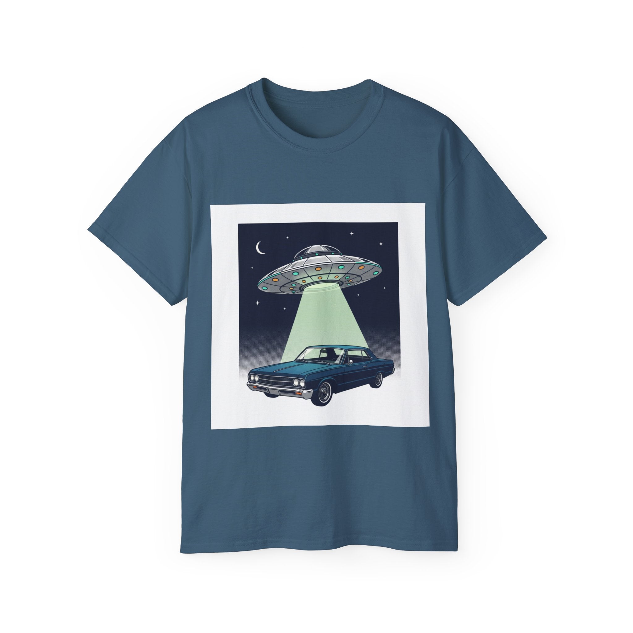 Alien Abduction Car T-Shirt — UFO Night Graphic Tee Adult Unisex