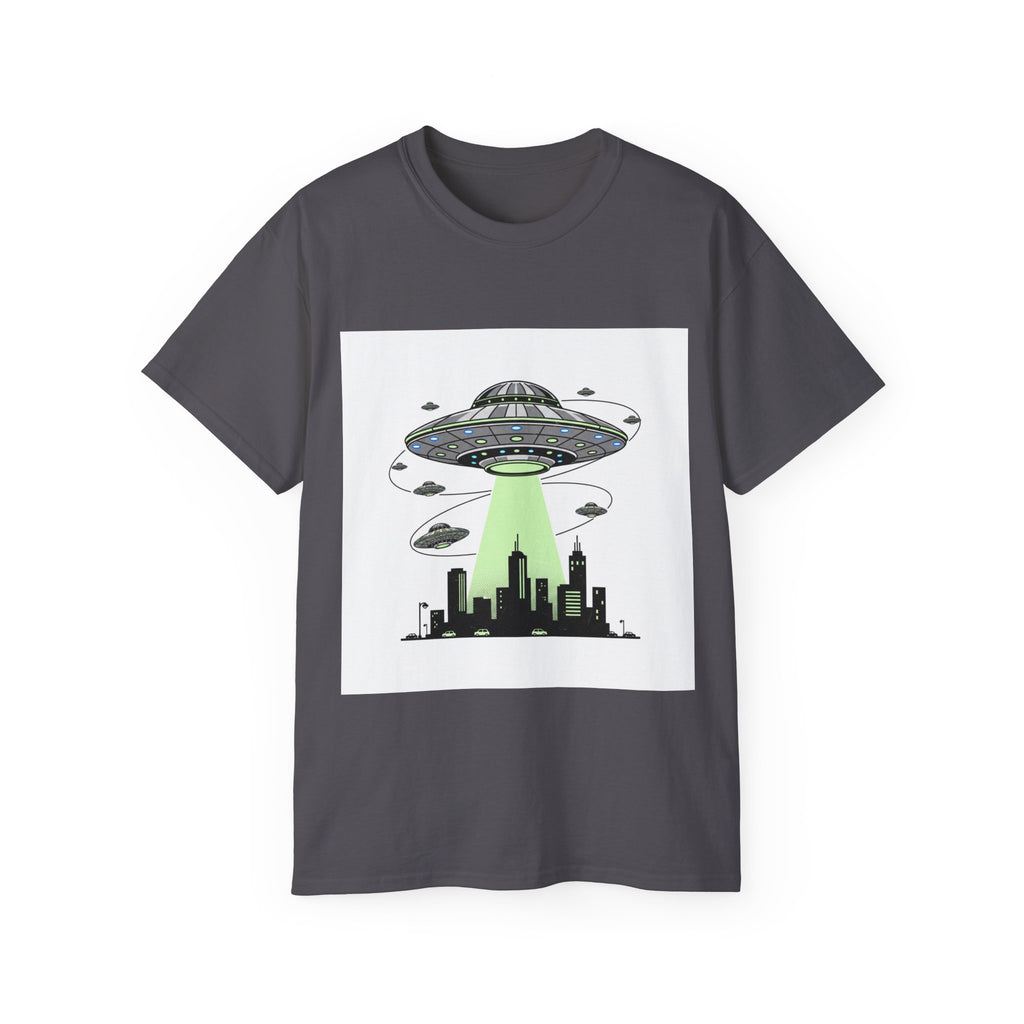 Alien Invasion Cityscape Tee — UFO Abduction Graphic T-Shirt Adult Unisex