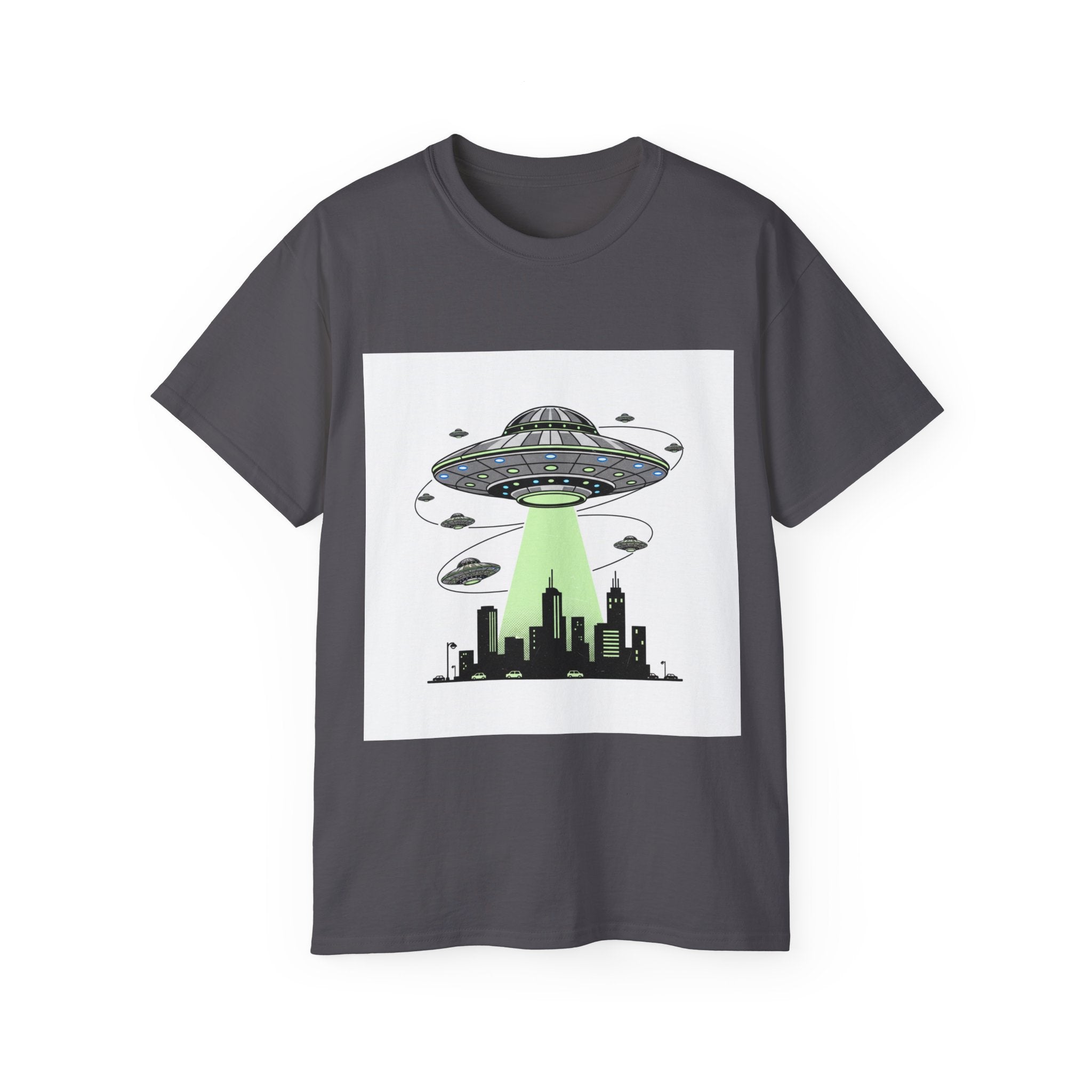 Alien Invasion Cityscape Tee — UFO Abduction Graphic T-Shirt Adult Unisex
