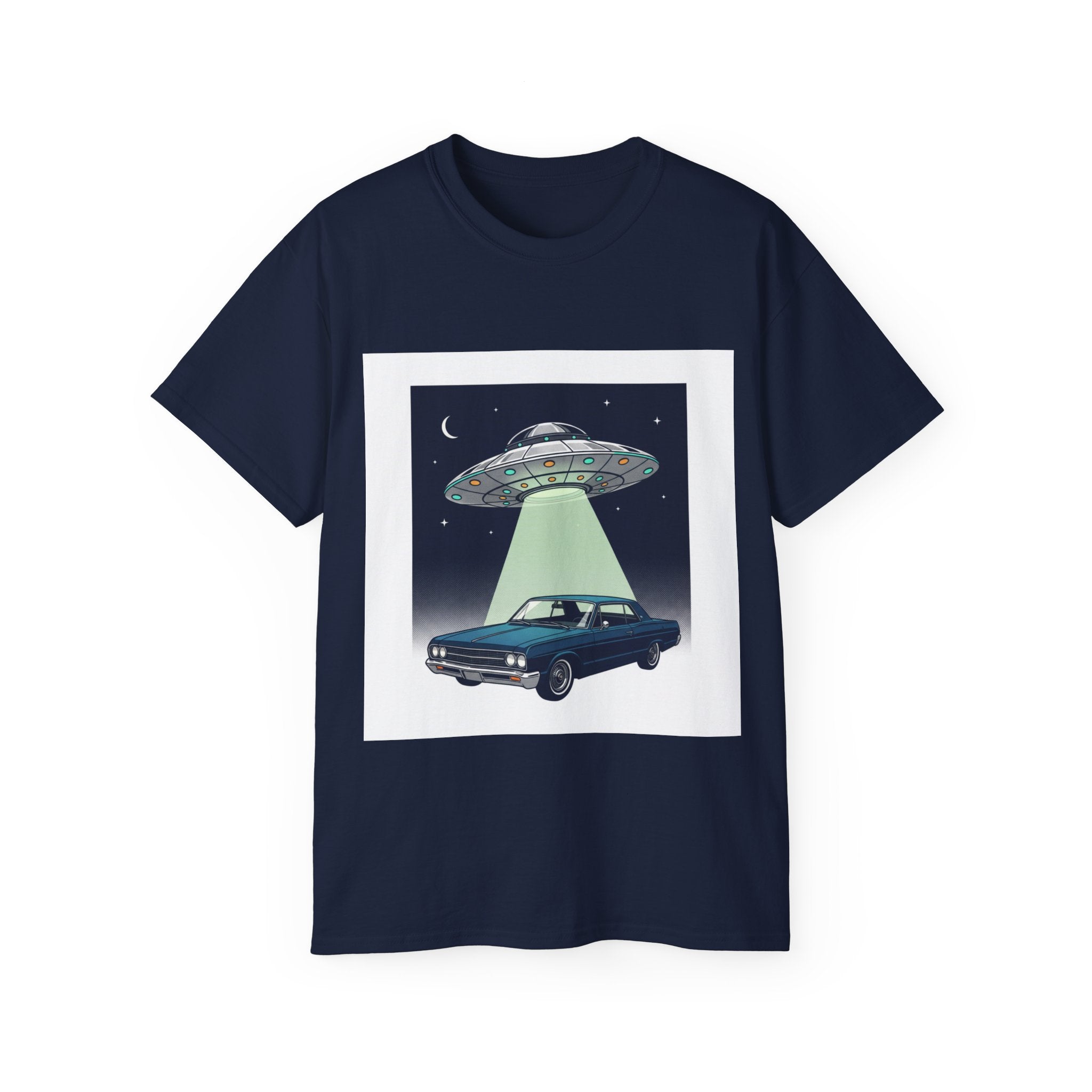 Alien Abduction Car T-Shirt — UFO Night Graphic Tee Adult Unisex