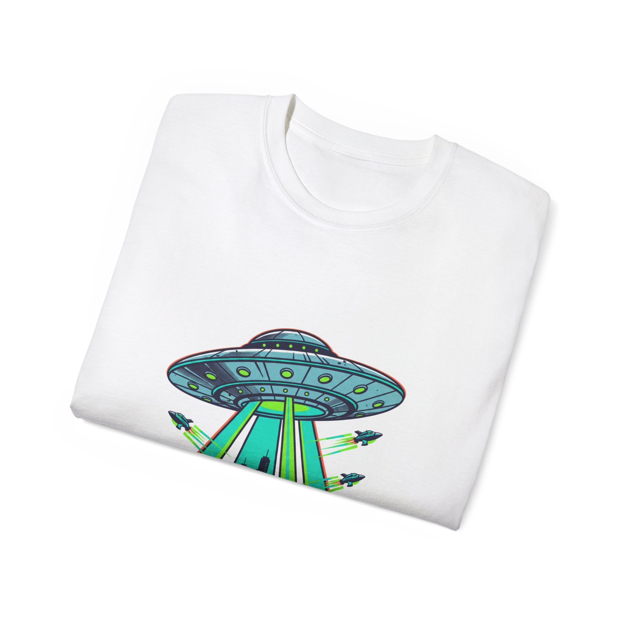 Alien Abduction Graphic Tee — Retro UFO Beam Design