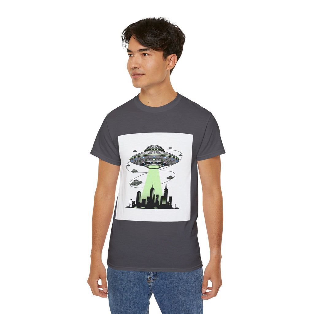 Alien Invasion Cityscape Tee — UFO Abduction Graphic T-Shirt Adult Unisex