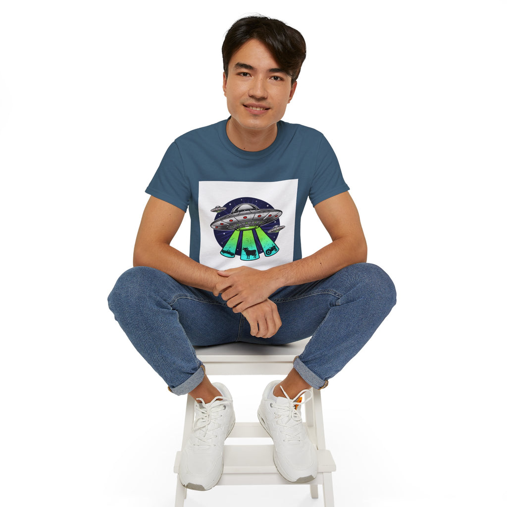 UFO Cow Abduction T-Shirt — Retro Alien Spaceship Tee Adult Unisex