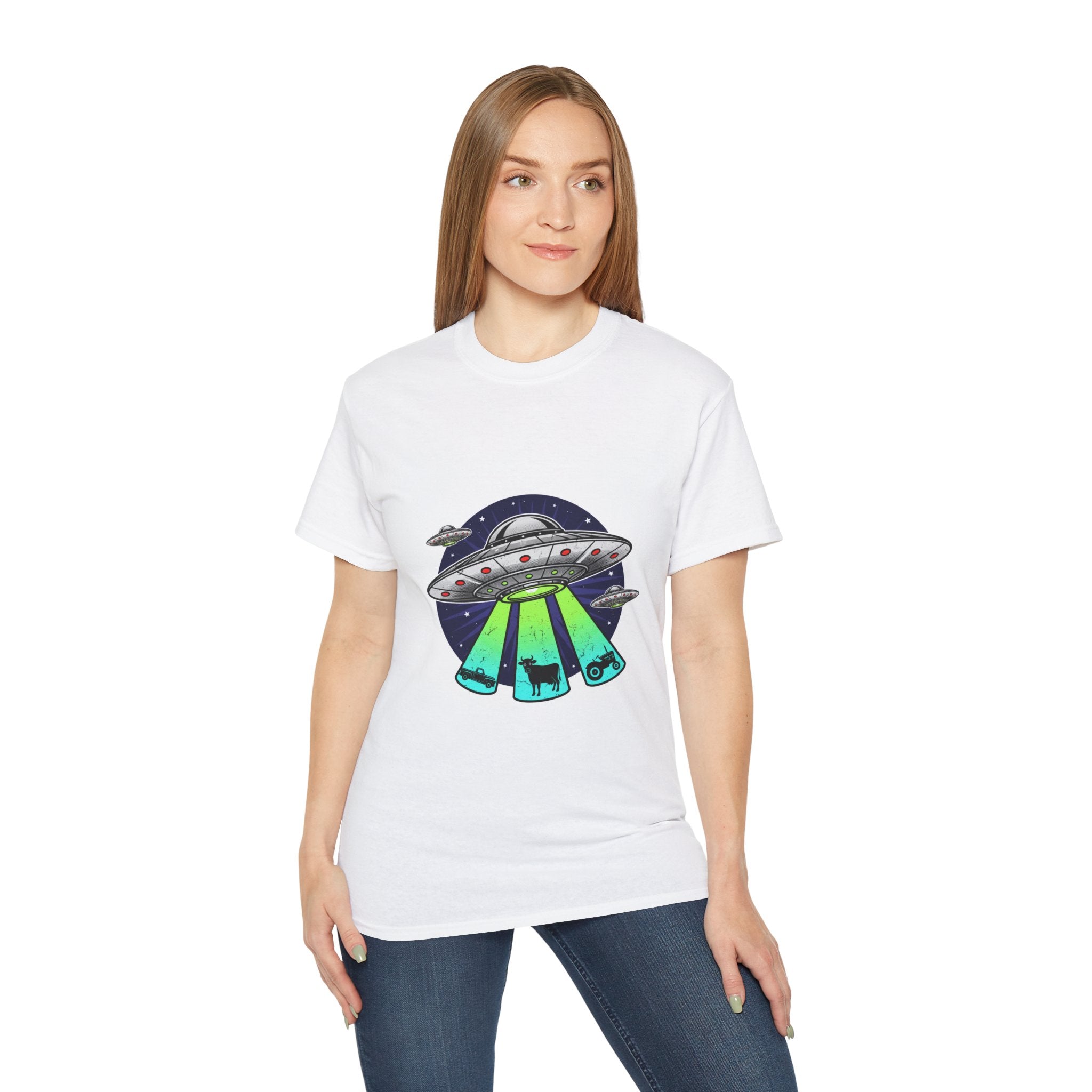 UFO Cow Abduction T-Shirt — Retro Alien Spaceship Tee Adult Unisex