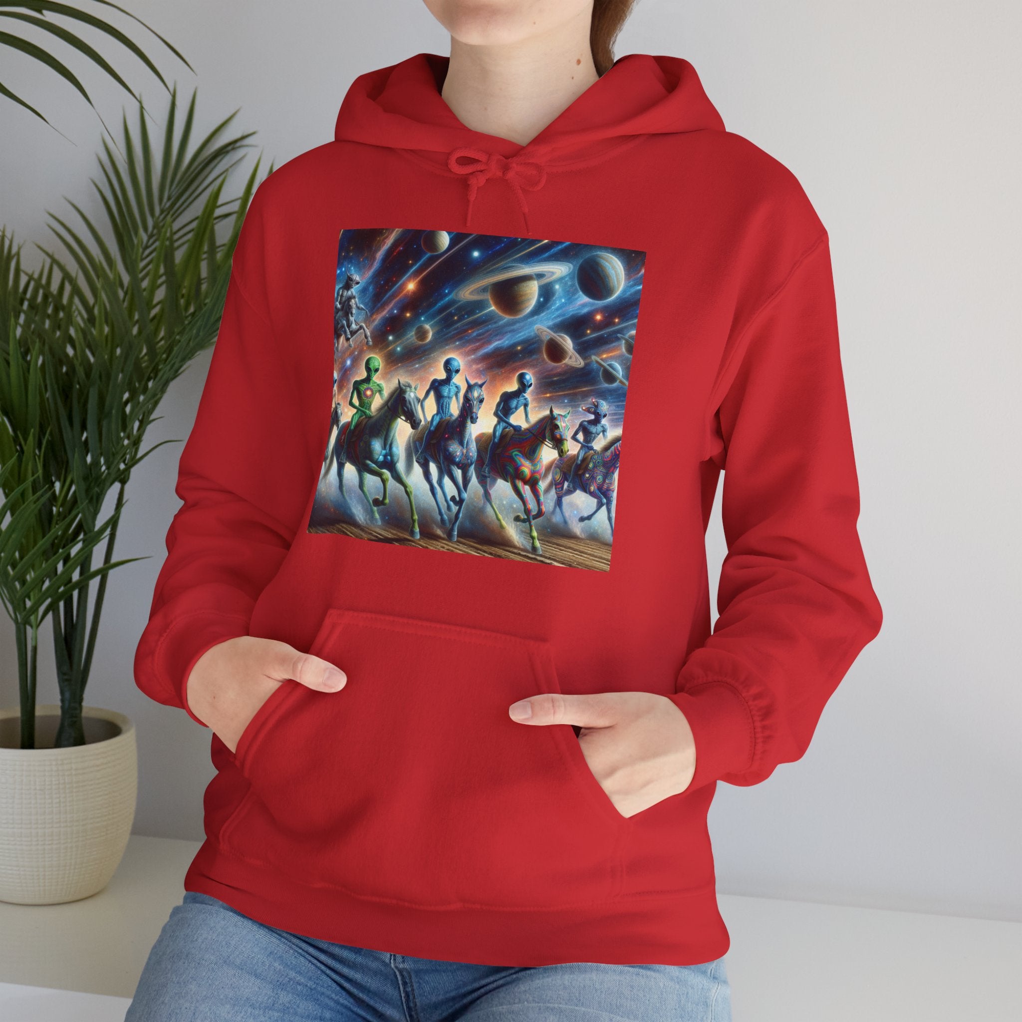 Space Aliens Riding Horses Hoodie — Cosmic Cowboy Graphic Sweatshirt