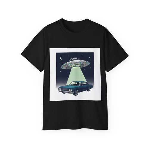 Alien Abduction Car T-Shirt — UFO Night Graphic Tee Adult Unisex