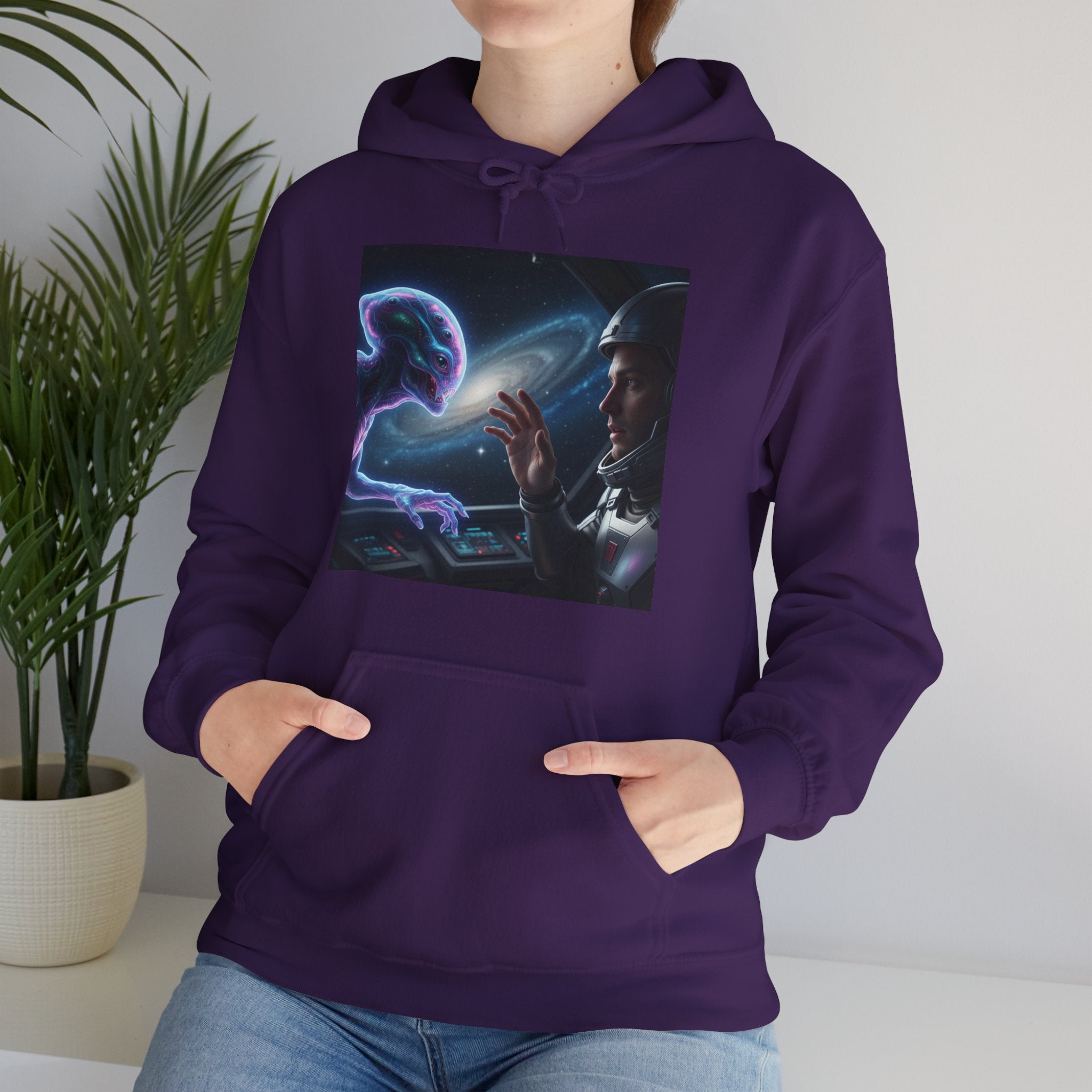 Alien Encounter Hoodie — Sci‑Fi Astronaut & Purple Alien Graphic Sweatshirt