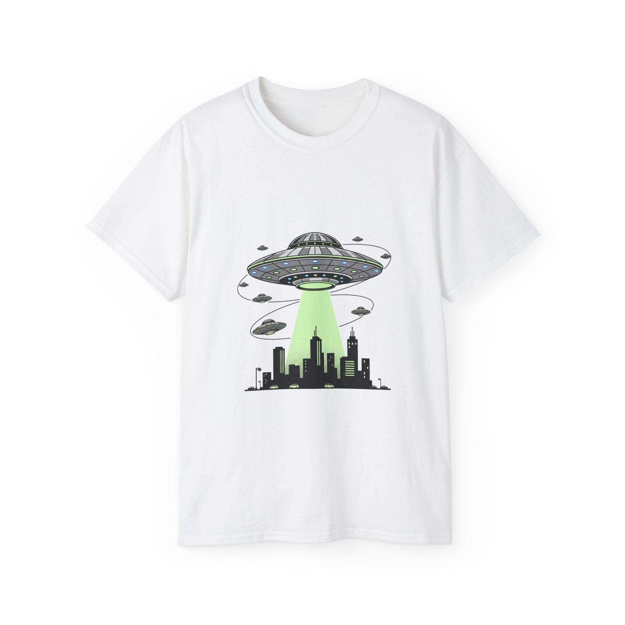 Alien Invasion Cityscape Tee — UFO Abduction Graphic T-Shirt Adult Unisex