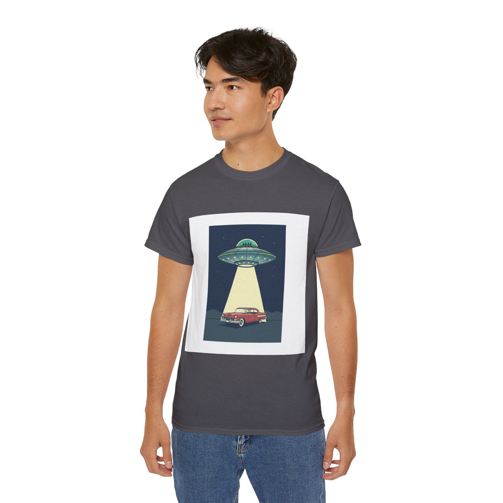 UFO Abduction Graphic Tee — Vintage Car Alien Shirt Adult Unisex