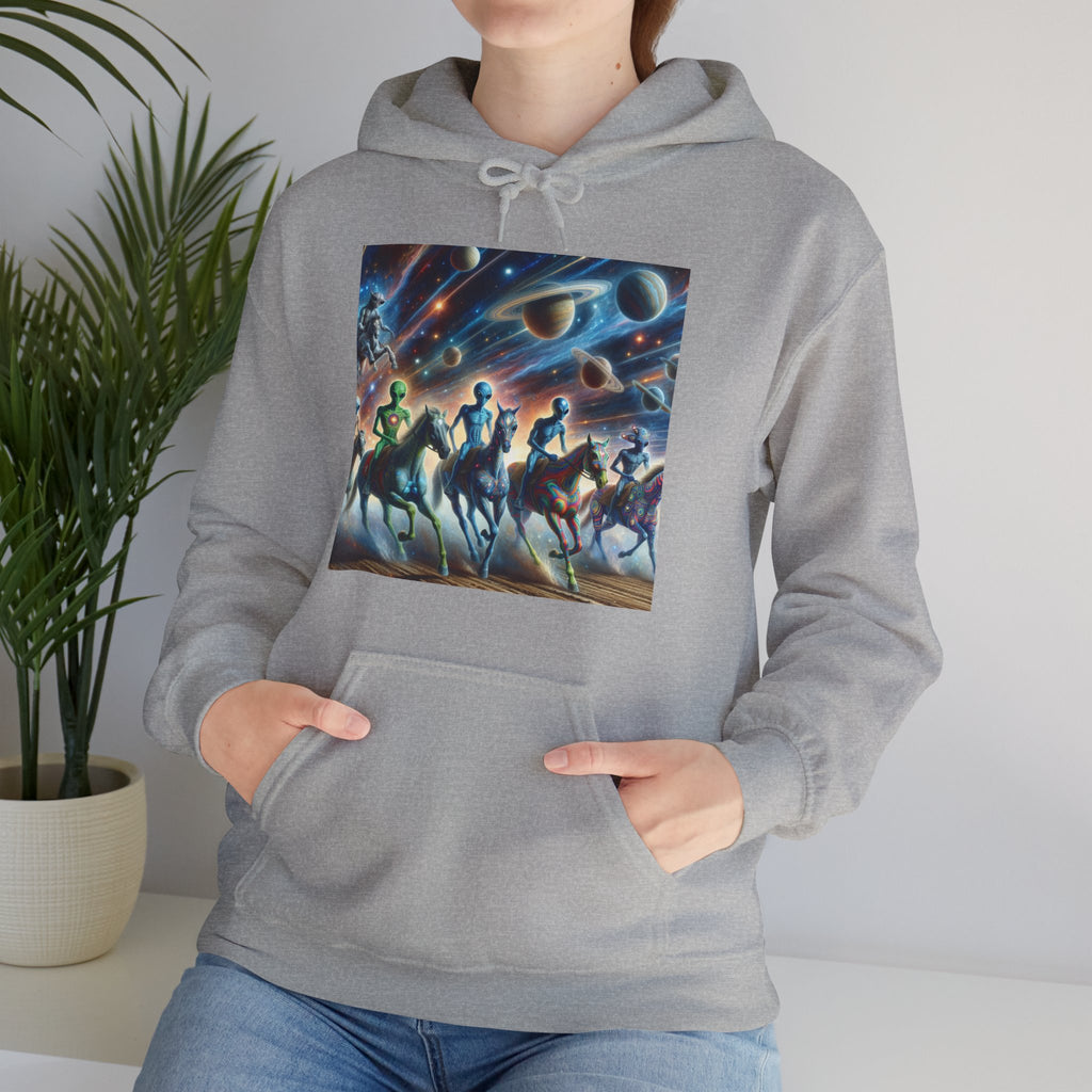Space Aliens Riding Horses Hoodie — Cosmic Cowboy Graphic Sweatshirt