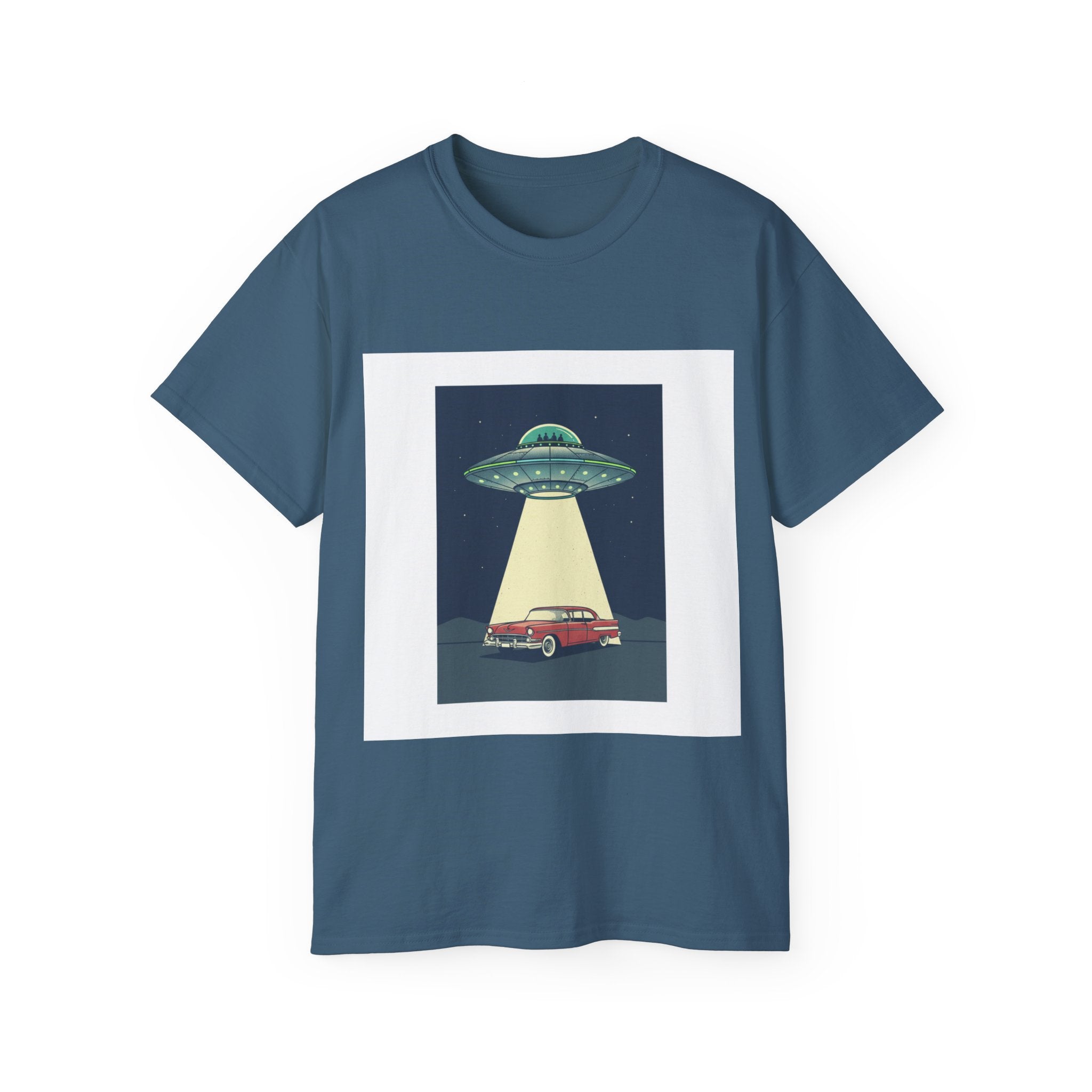 UFO Abduction Graphic Tee — Vintage Car Alien Shirt Adult Unisex