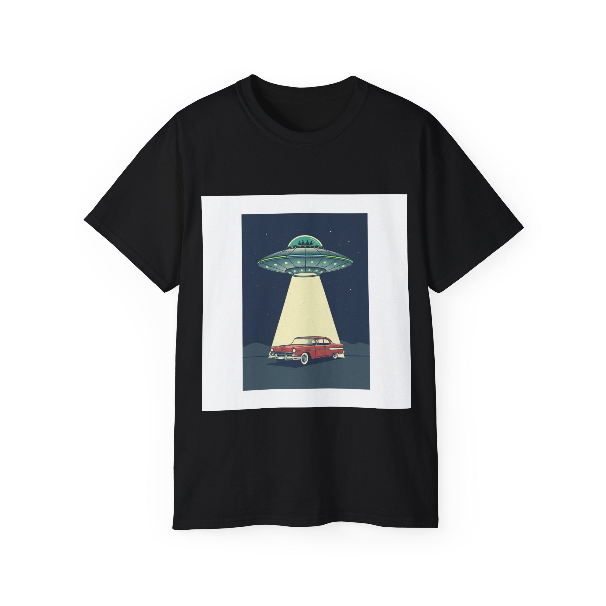 UFO Abduction Graphic Tee — Vintage Car Alien Shirt Adult Unisex