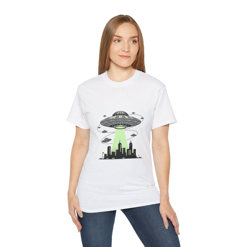 Alien Invasion Cityscape Tee — UFO Abduction Graphic T-Shirt Adult Unisex