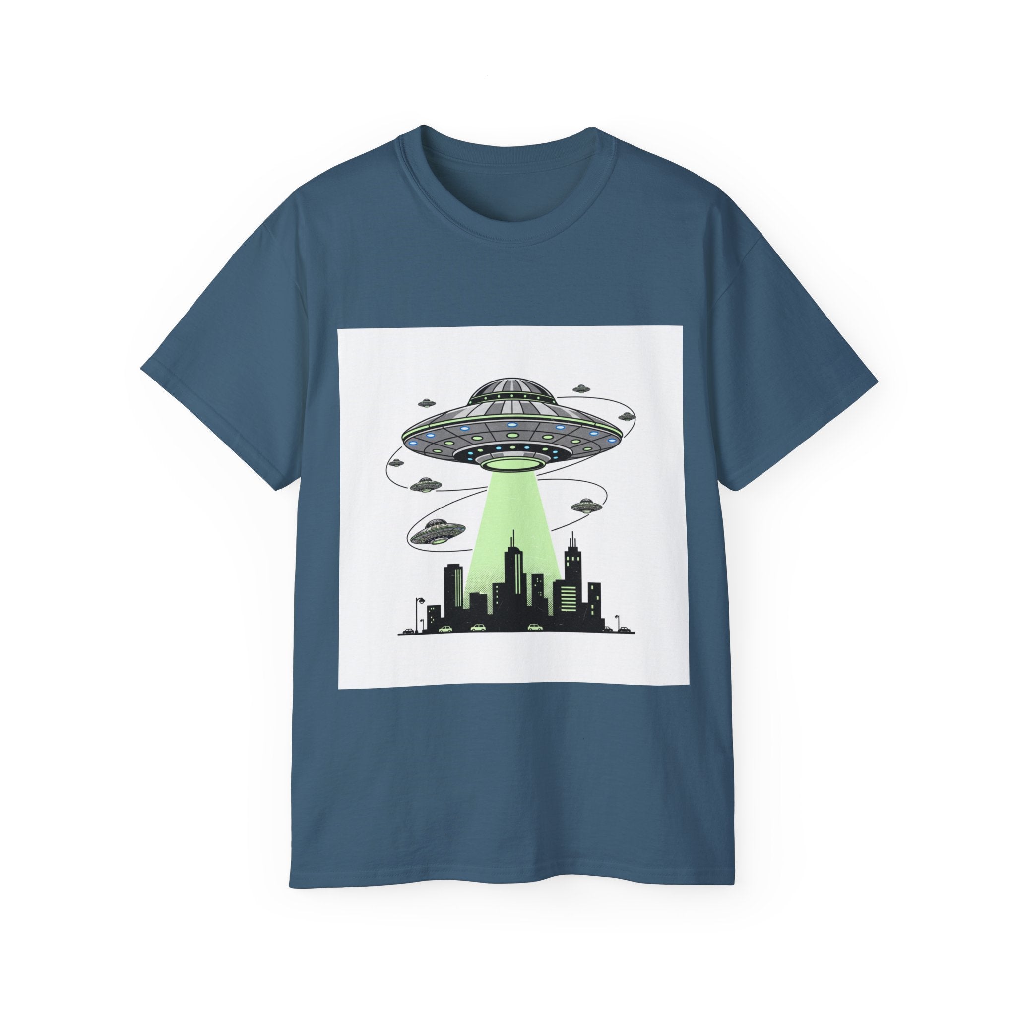 Alien Invasion Cityscape Tee — UFO Abduction Graphic T-Shirt Adult Unisex