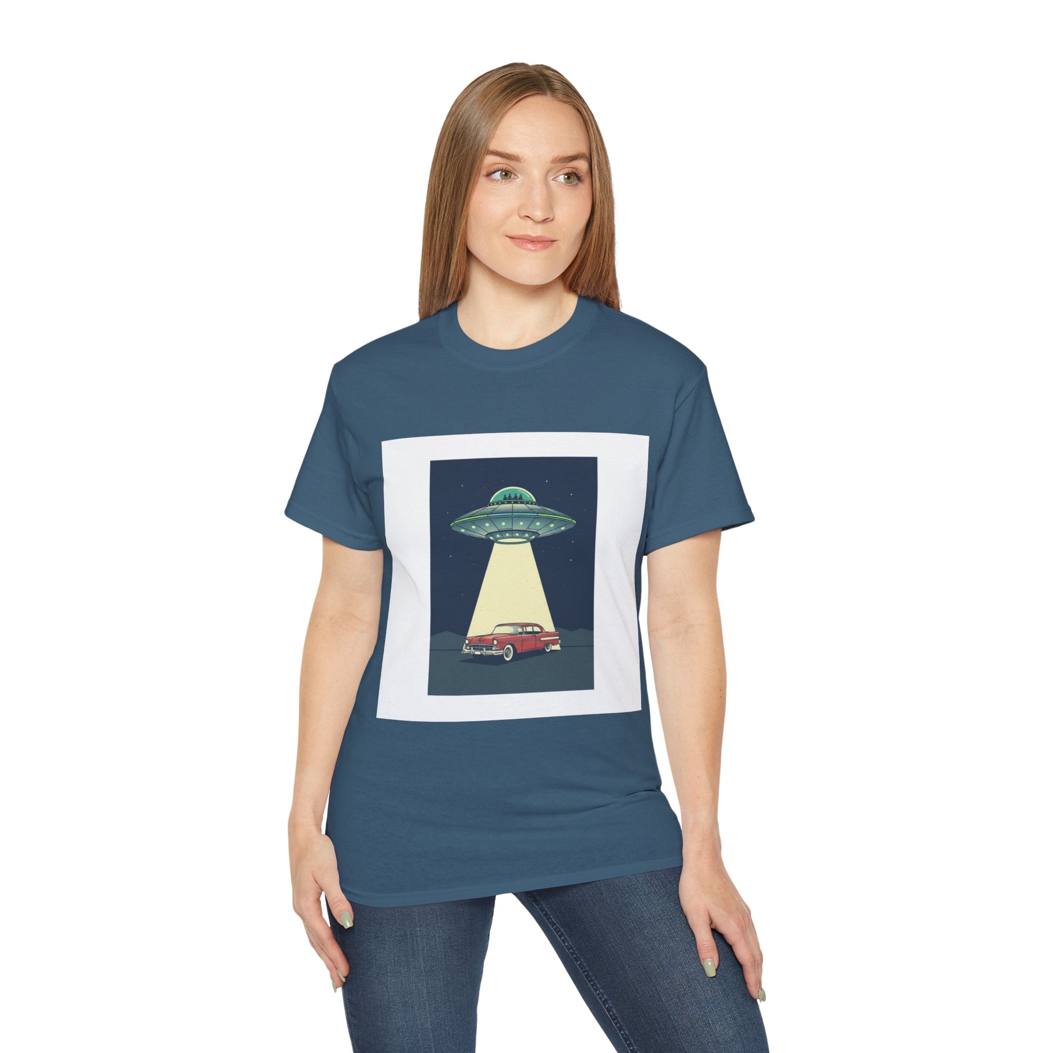 UFO Abduction Graphic Tee — Vintage Car Alien Shirt Adult Unisex