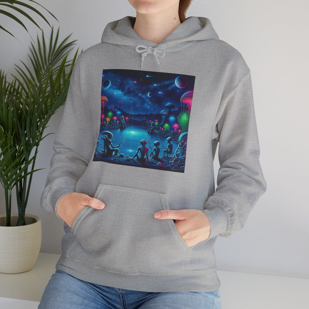 Alien Night Fishing Hoodie — UFO Nighttime Angler Graphic Sweatshirt
