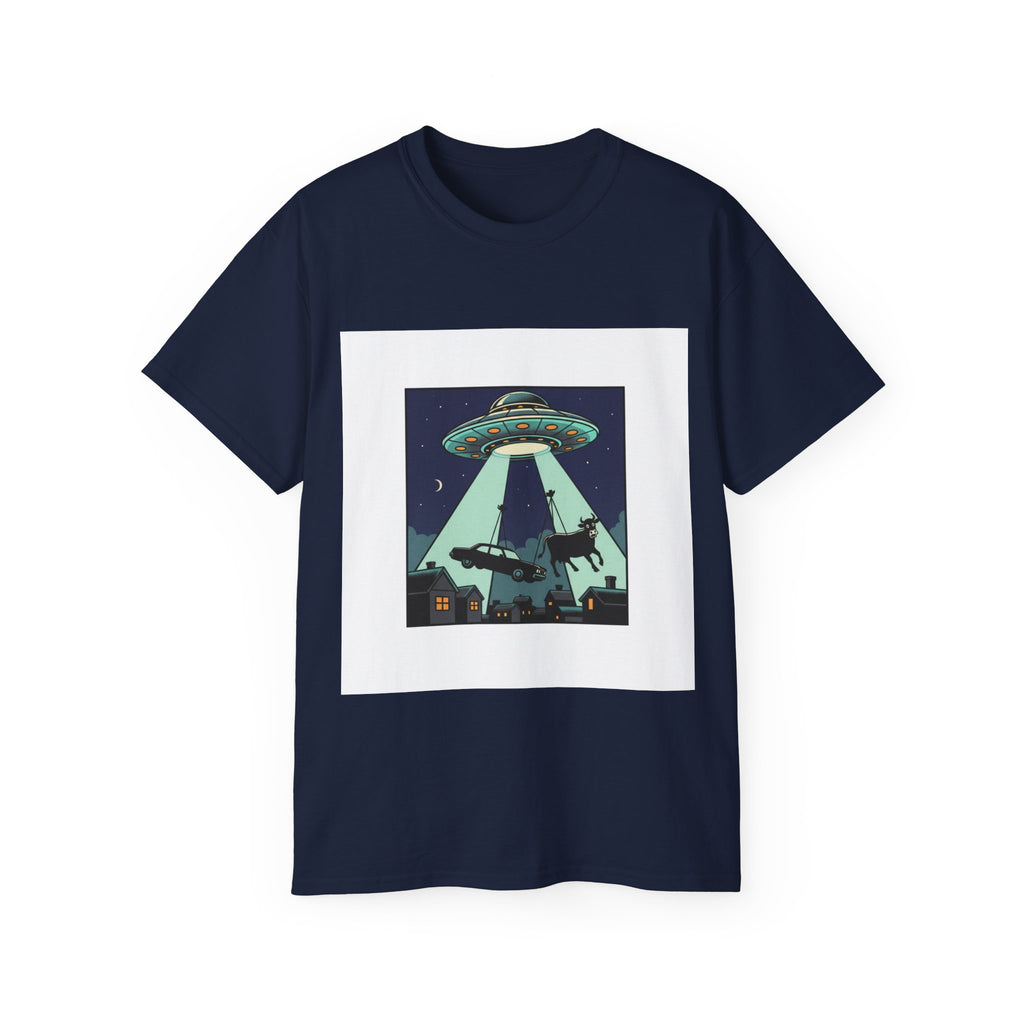 Alien Abduction Graphic Tee — Retro UFO Night Scene T‑Shirt Adult Unisex