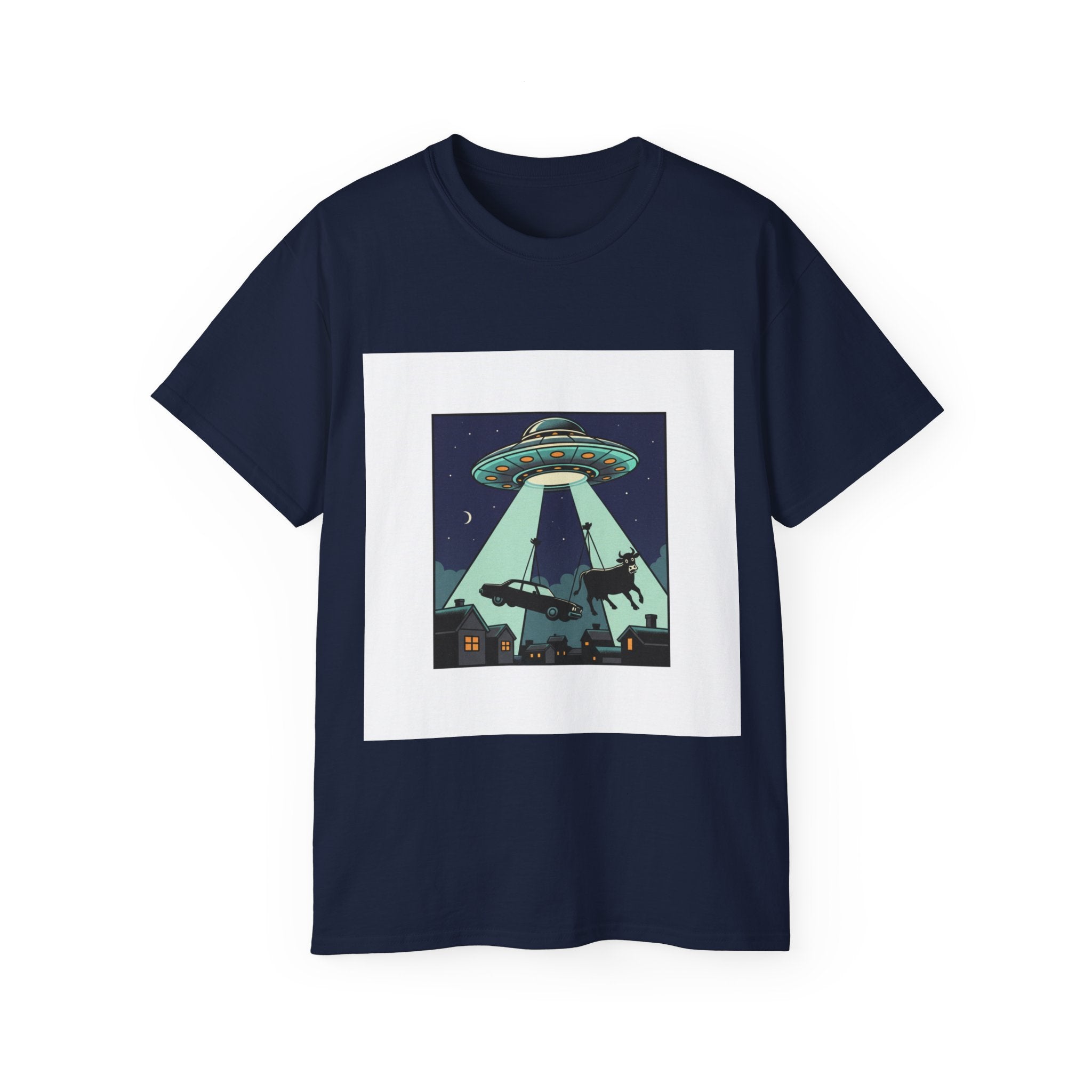 Alien Abduction Graphic Tee — Retro UFO Night Scene T‑Shirt Adult Unisex