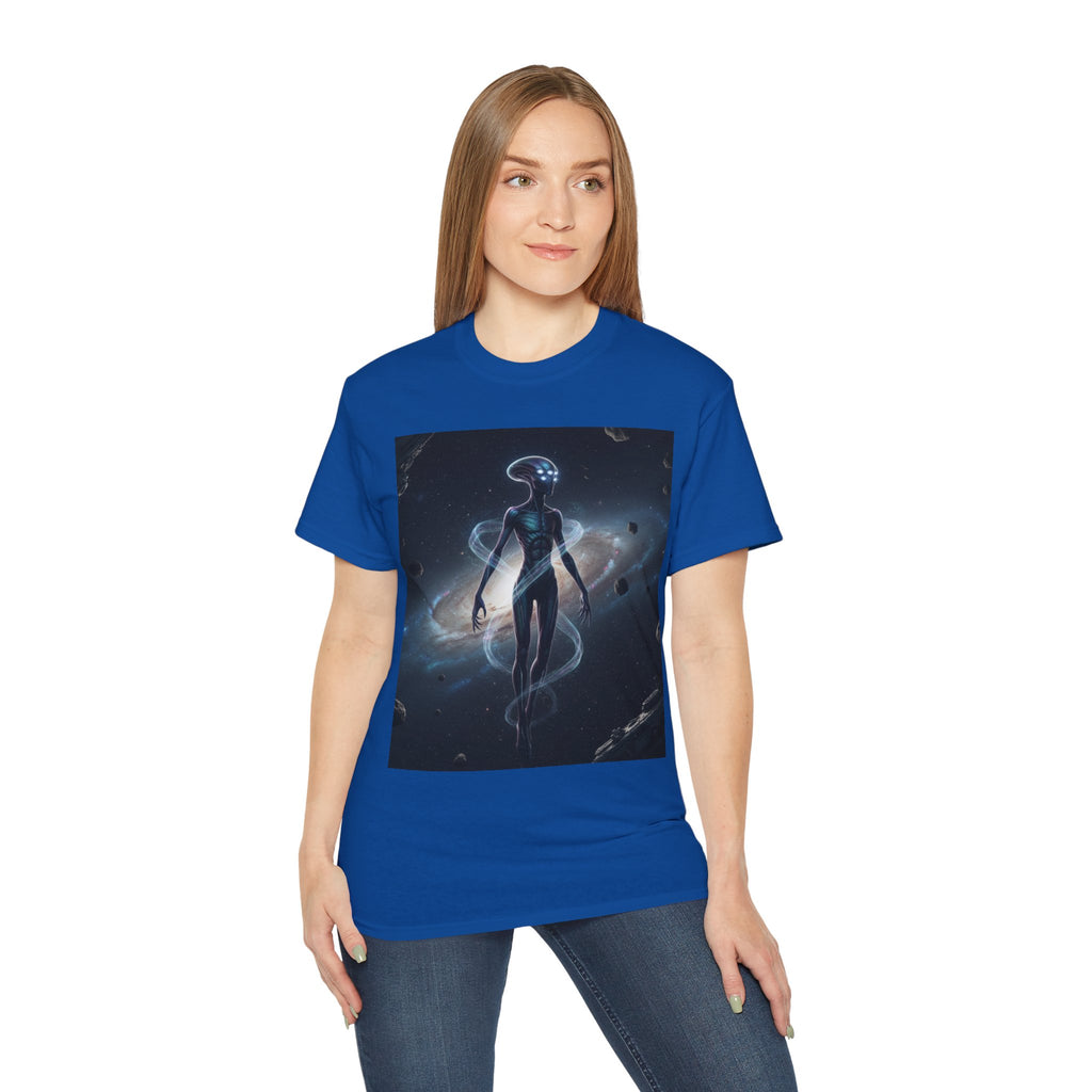 Camiseta con silueta de extraterrestre cósmico — Camiseta de arte espacial de nebulosa galáctica