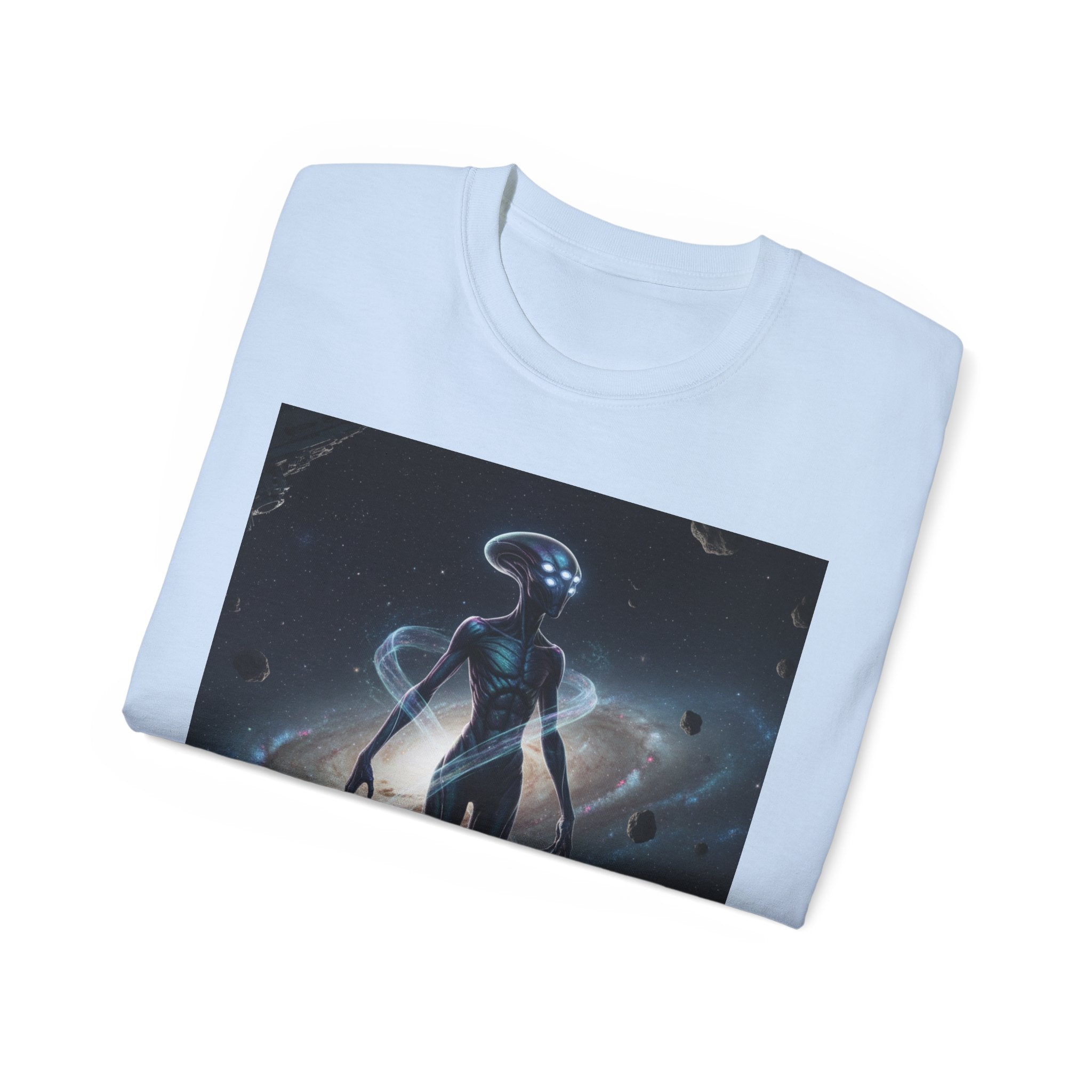 Camiseta con silueta de extraterrestre cósmico — Camiseta de arte espacial de nebulosa galáctica