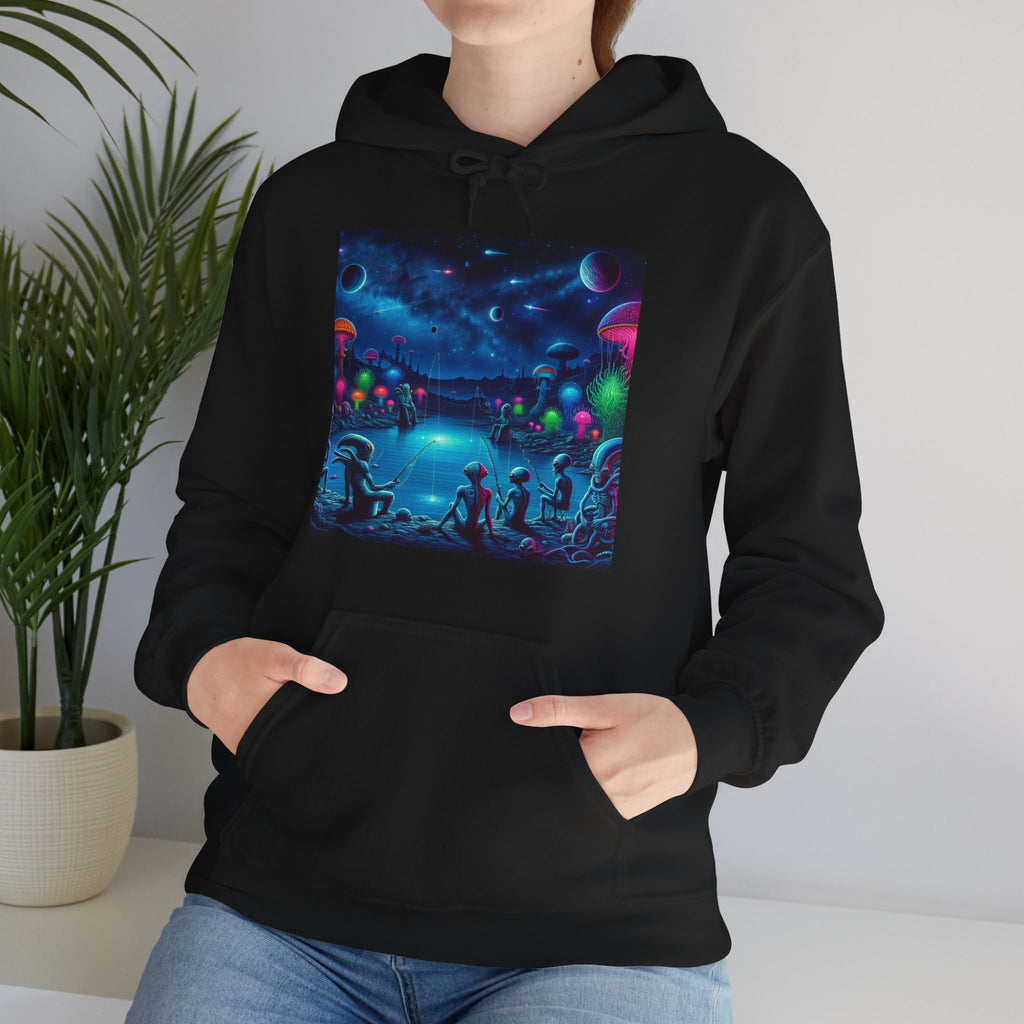 Alien Night Fishing Hoodie — UFO Nighttime Angler Graphic Sweatshirt