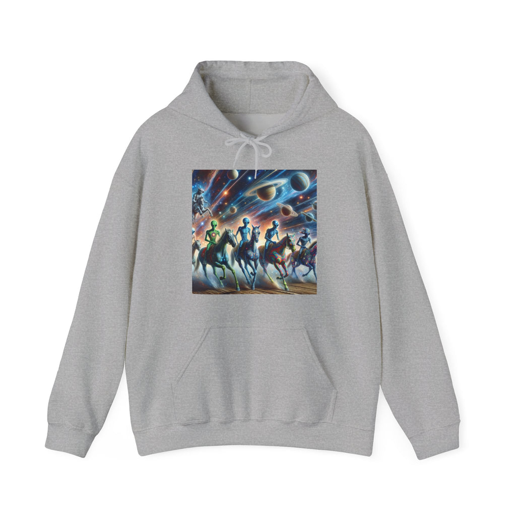 Space Aliens Riding Horses Hoodie — Cosmic Cowboy Graphic Sweatshirt