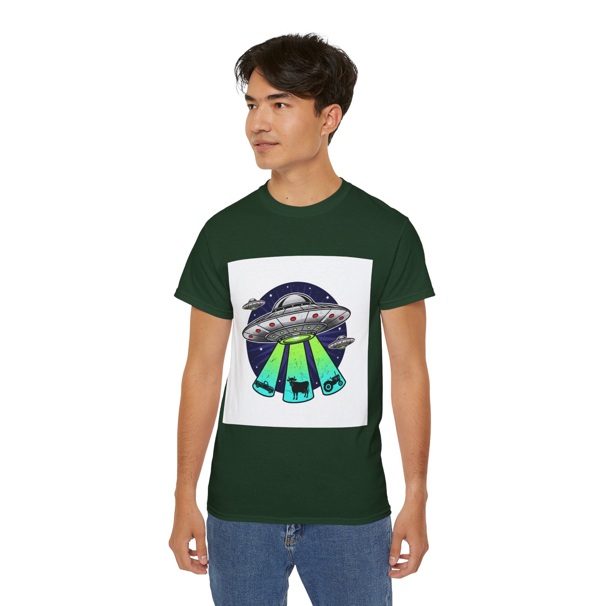 UFO Cow Abduction T-Shirt — Retro Alien Spaceship Tee Adult Unisex
