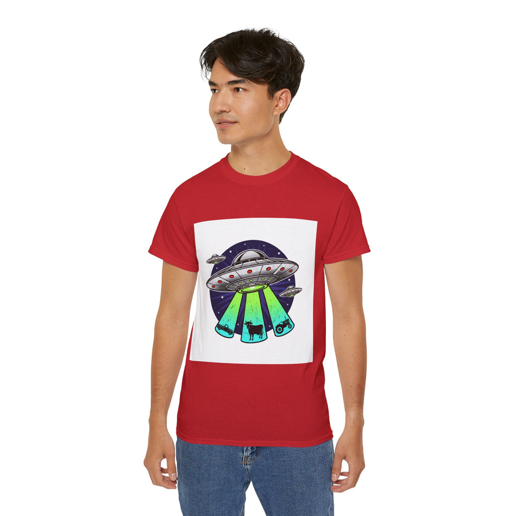 UFO Cow Abduction T-Shirt — Retro Alien Spaceship Tee Adult Unisex