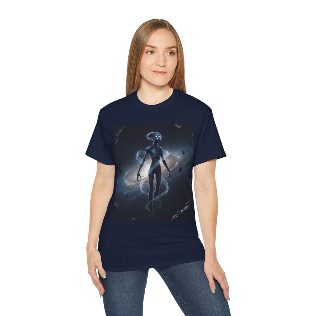 Camiseta con silueta de extraterrestre cósmico — Camiseta de arte espacial de nebulosa galáctica