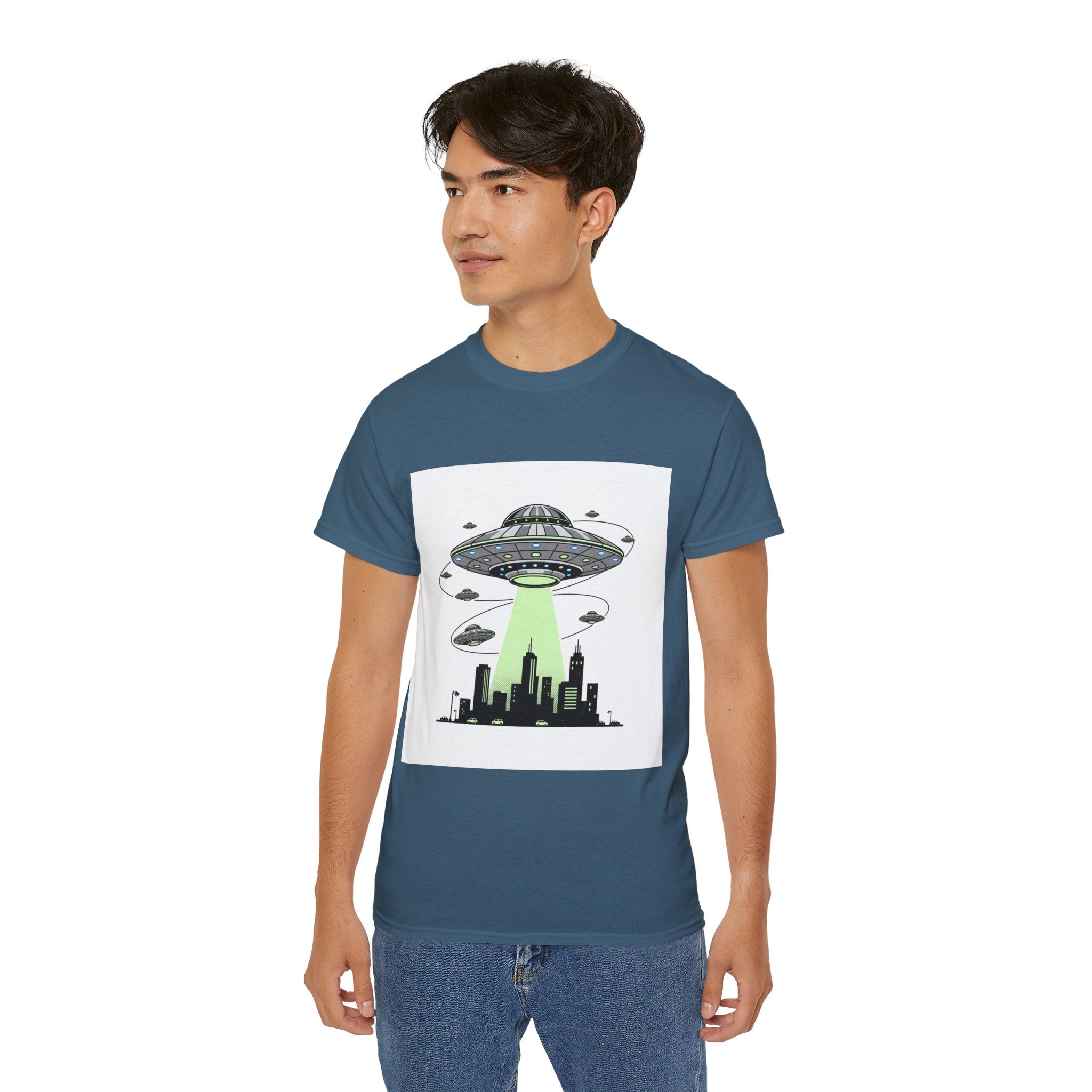 Alien Invasion Cityscape Tee — UFO Abduction Graphic T-Shirt Adult Unisex