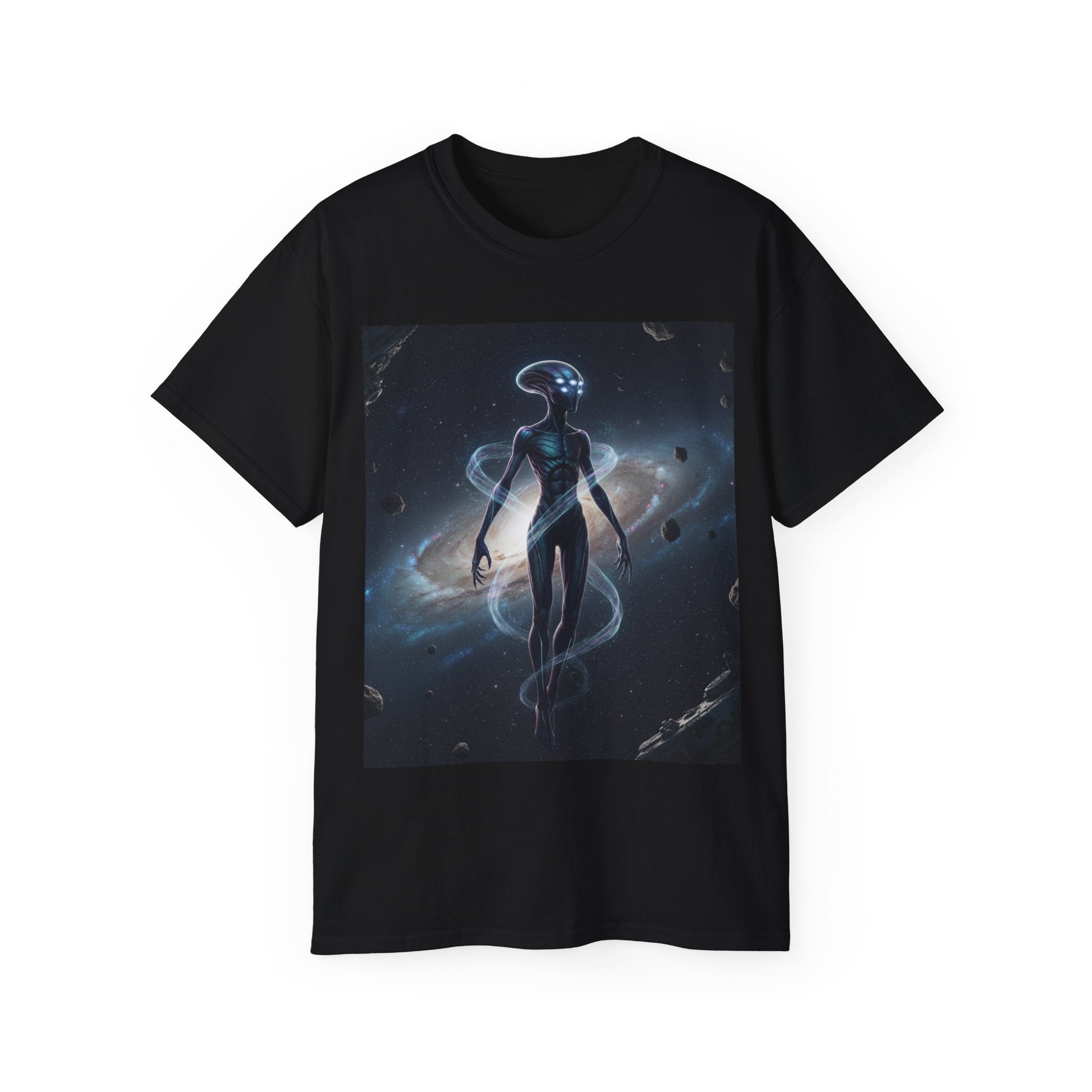 Cosmic Alien Silhouette T-Shirt — Galactic Nebula Space Art Tee