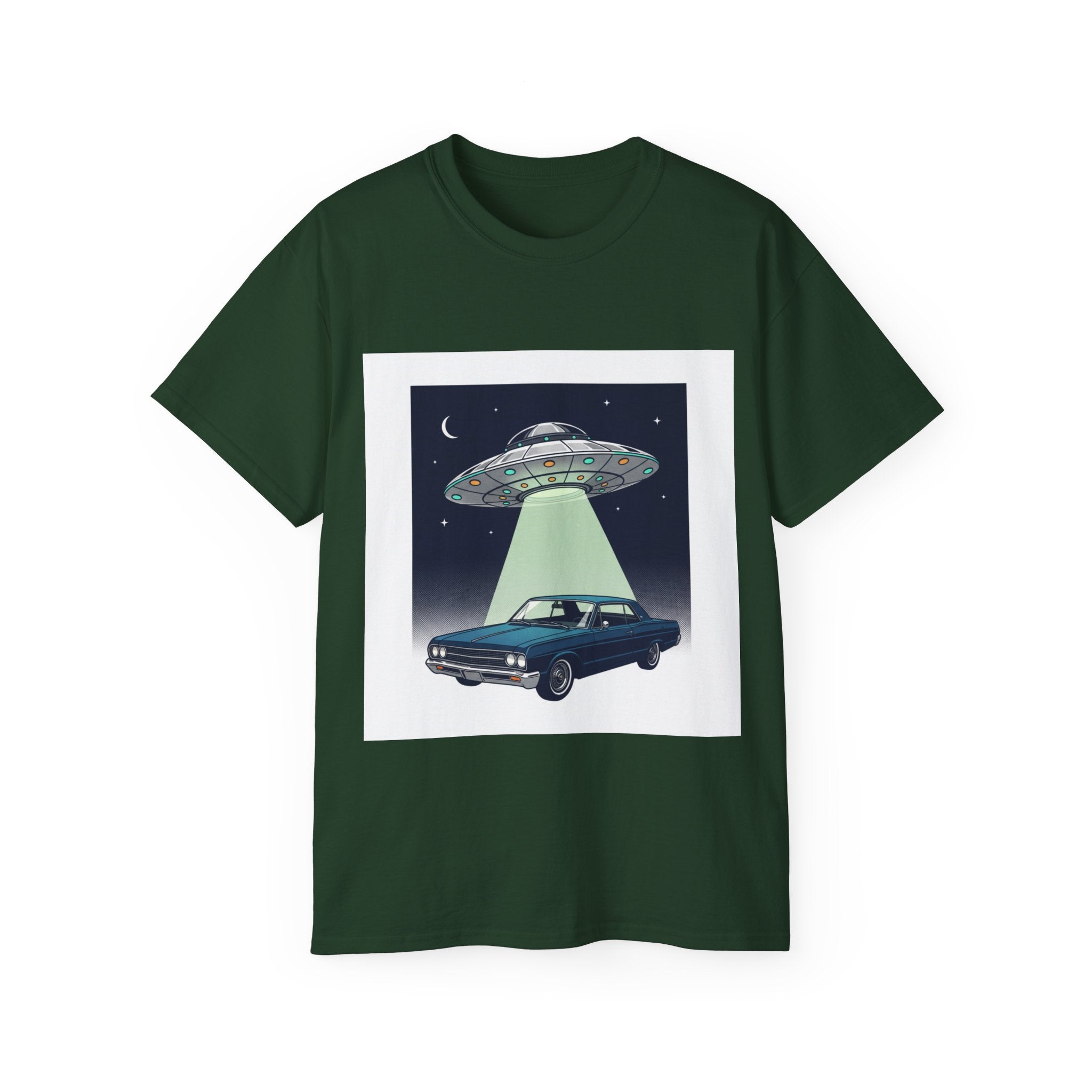 Alien Abduction Car T-Shirt — UFO Night Graphic Tee Adult Unisex