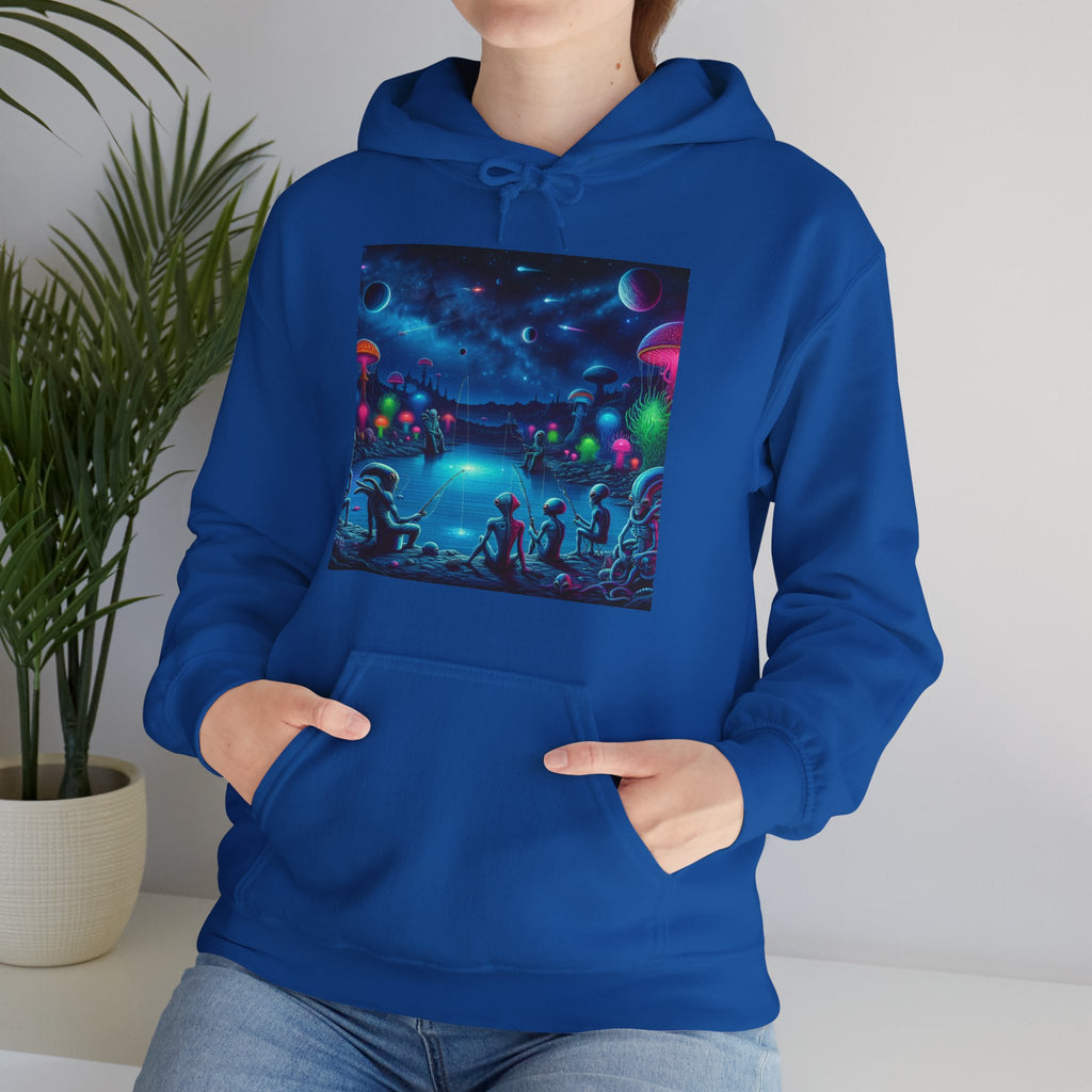 Alien Night Fishing Hoodie — UFO Nighttime Angler Graphic Sweatshirt