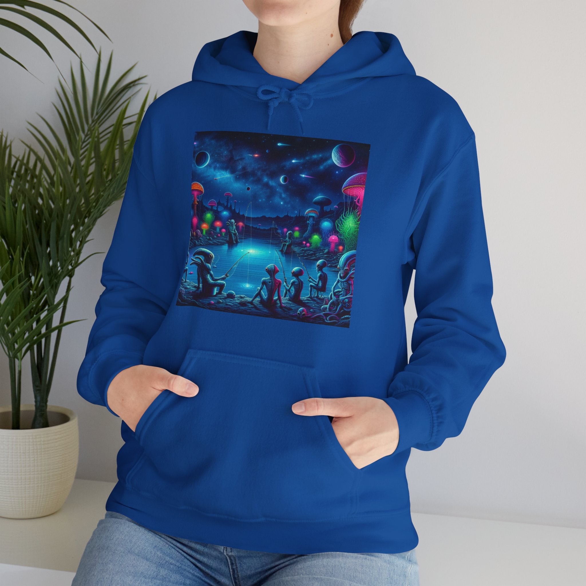 Alien Night Fishing Hoodie — UFO Nighttime Angler Graphic Sweatshirt